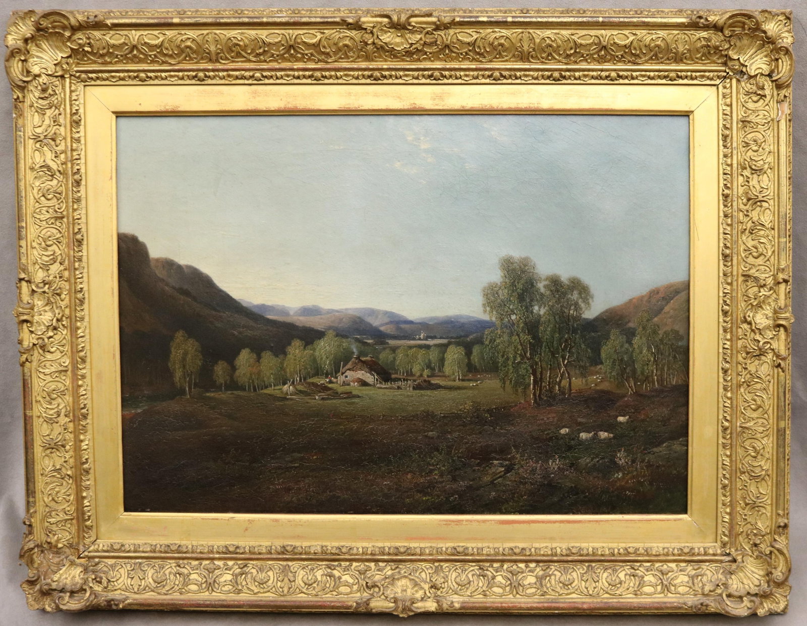 SCOTTISH SCHOOL (19th century). Highland Croft at Rest, Oil on canvas., 14 x 20 inches; frame: 22 x: SCOTTISH SCHOOL 19th century Highland Croft at Rest Oil on canvas. Unsigned. A cozy thatched farmhouse with smoke rising from its chimney sits nestled among silver birch trees in a wide Highland glen.