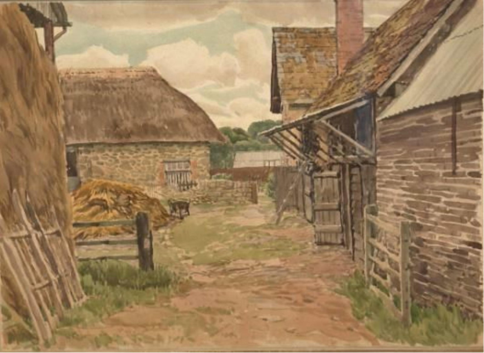 THOMAS LOUND (ATTRIBUTED TO) (English, 1801 ? 1861). Farmyard with Thatched Barn, Watercolor: THOMAS LOUND (ATTRIBUTED TO) English, 1801 – 1861 Farmyard with Thatched Barn Watercolor A charming and skillfully rendered watercolor depicts a rustic English farmyard courtyard, with weathered sto