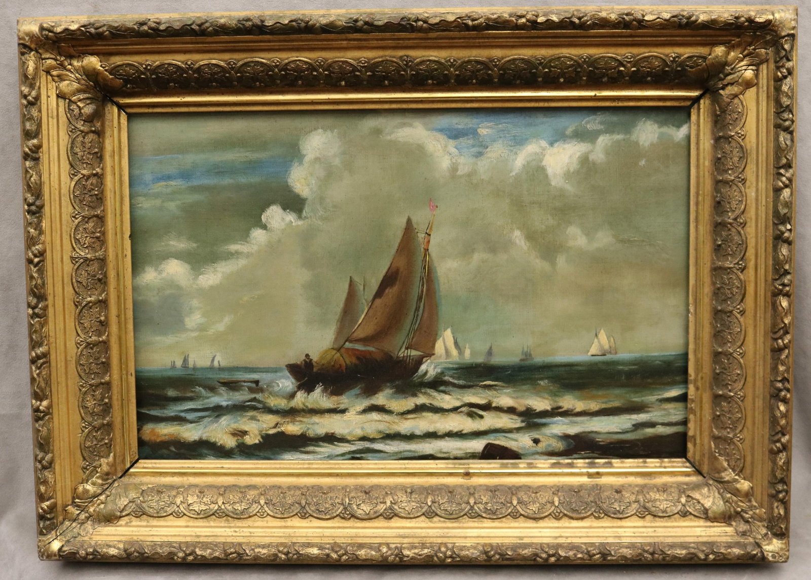 CONTINENTAL SCHOOL (19th century). Sailing Through Rough Seas, Oil on canvas, 16 x 24 inches; frame: (1 of 15)