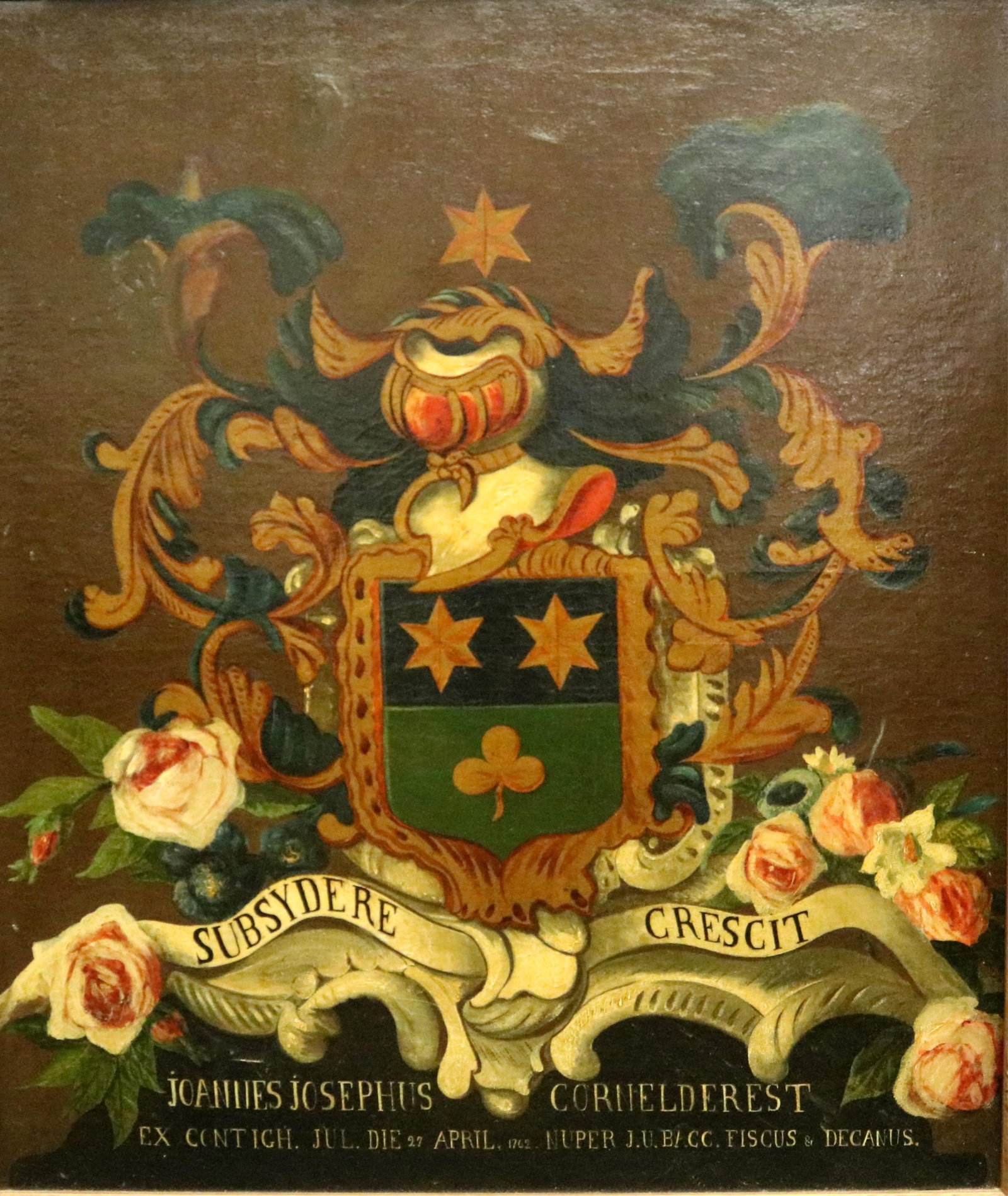 PAINTED COAT OF ARMS OF JOANNES JOSEPHUS CORNELDEREST DEPICTING HIS LEGAL AND ECCLESIASTICAL (1 of 10)