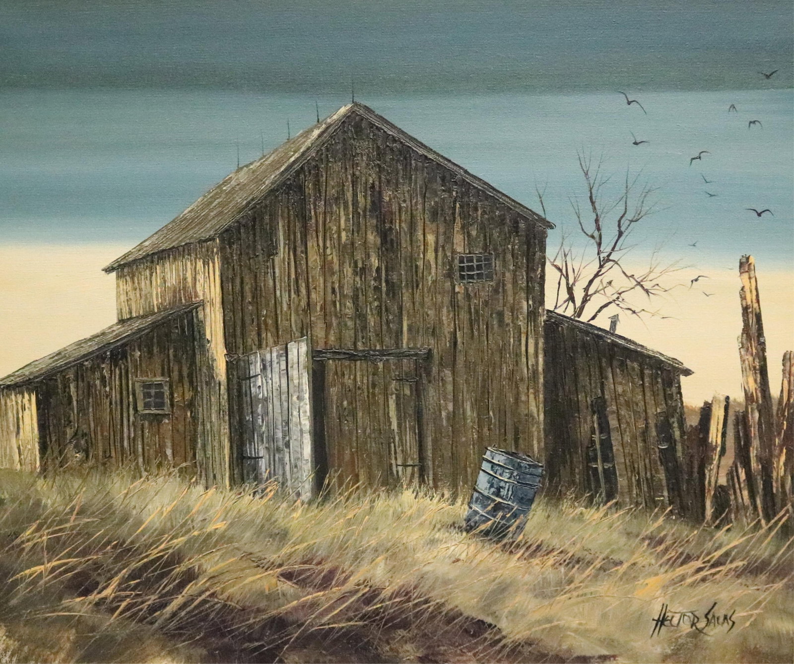 HECTOR SALAS (Argentine, 20th century). View to a Weathered Wooden Barn, oil on canvas, 20 x 24: HECTOR SALAS Argentine, 20th century View to a Weathered Wooden Barn oil on canvas Oil painting of a weathered wooden barn in a lonely country landscape. The old barn features an open door and a small