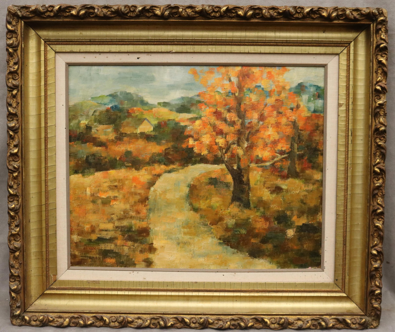AMERICAN SCHOOL (20th century). Autumn Road Through the Valley, Oil on canvas., 18 x 22 inches;: AMERICAN SCHOOL 20th century Autumn Road Through the Valley Oil on canvas. Indecipherable ("Emily"?) signature lower left. A winding country path curves past a blazing orange tree through a richly col