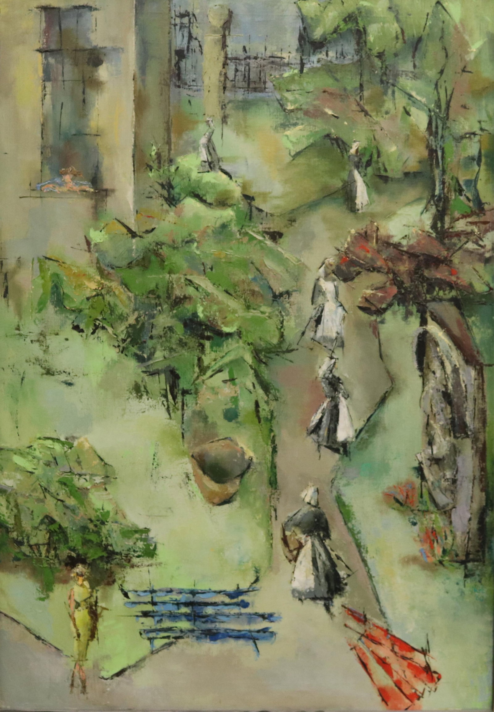 AMERICAN SCHOOL (20th century). In the Garden, 1960, Oil on canvas, 39 x 27 inches (1 of 16)
