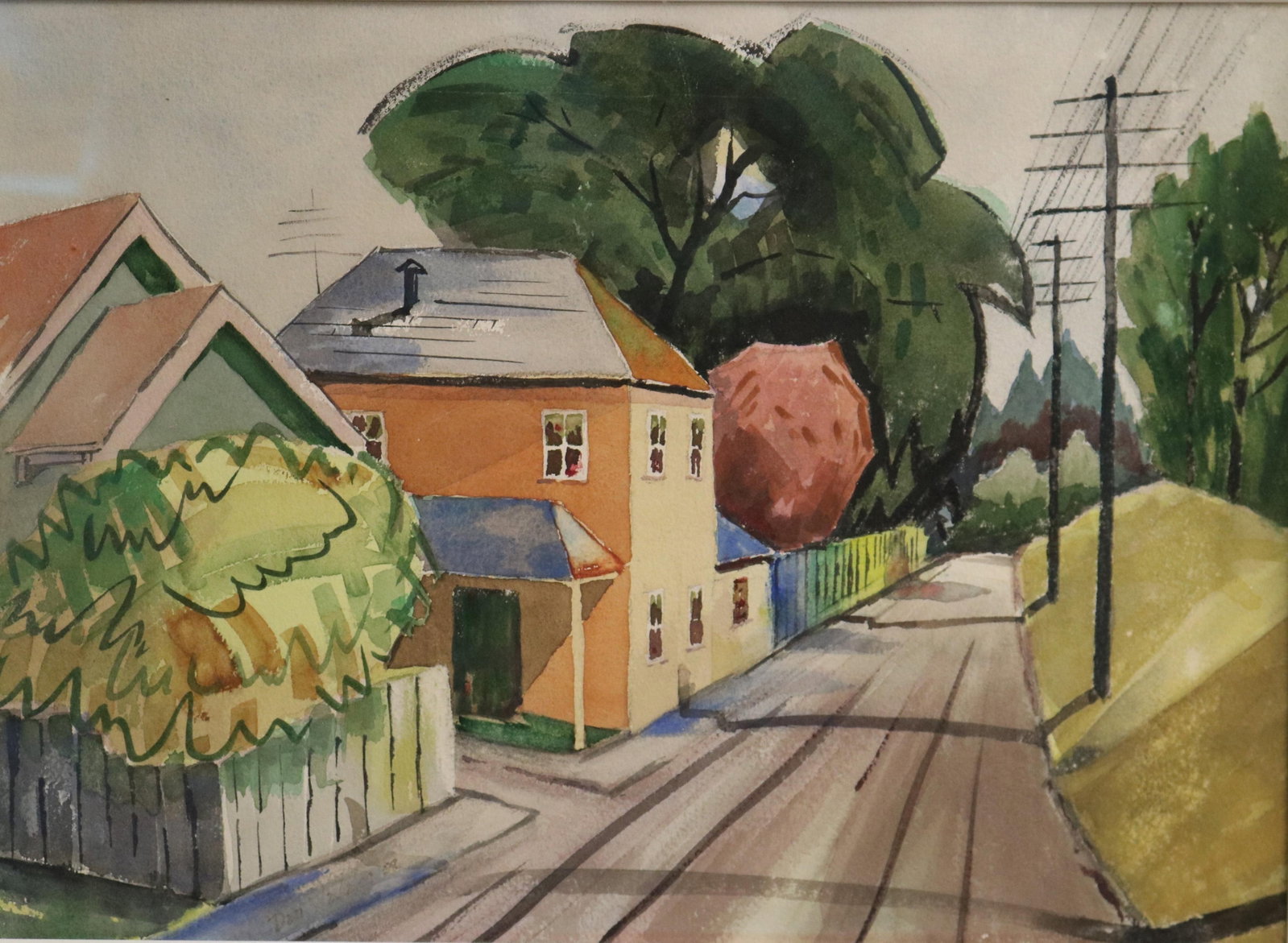 AMERICAN SCHOOL (20th century). Summer Street with Orange House, Watercolor, Sight as matted: 14 x (1 of 11)