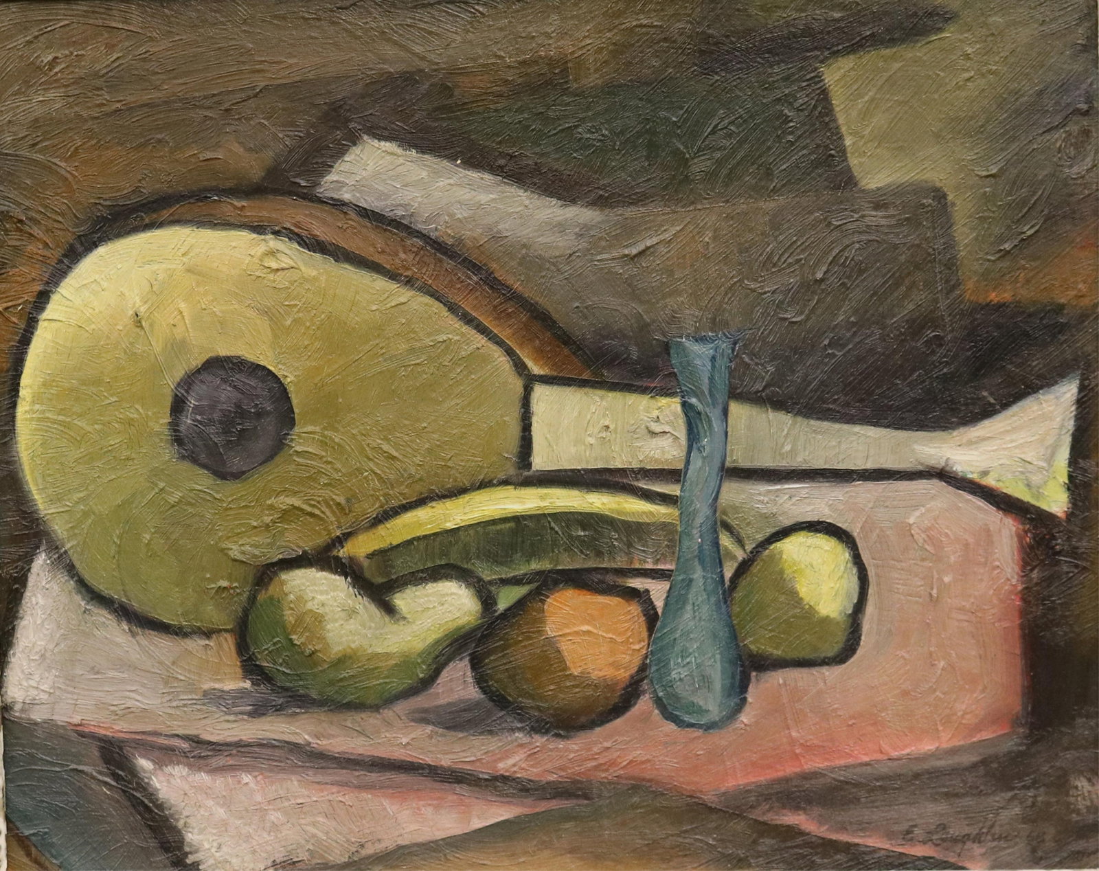 AMERICAN SCHOOL (mid 20th century). Mandolin and Fruit, 1968, Oil on board, 16 x 20 inches; frame: (1 of 16)