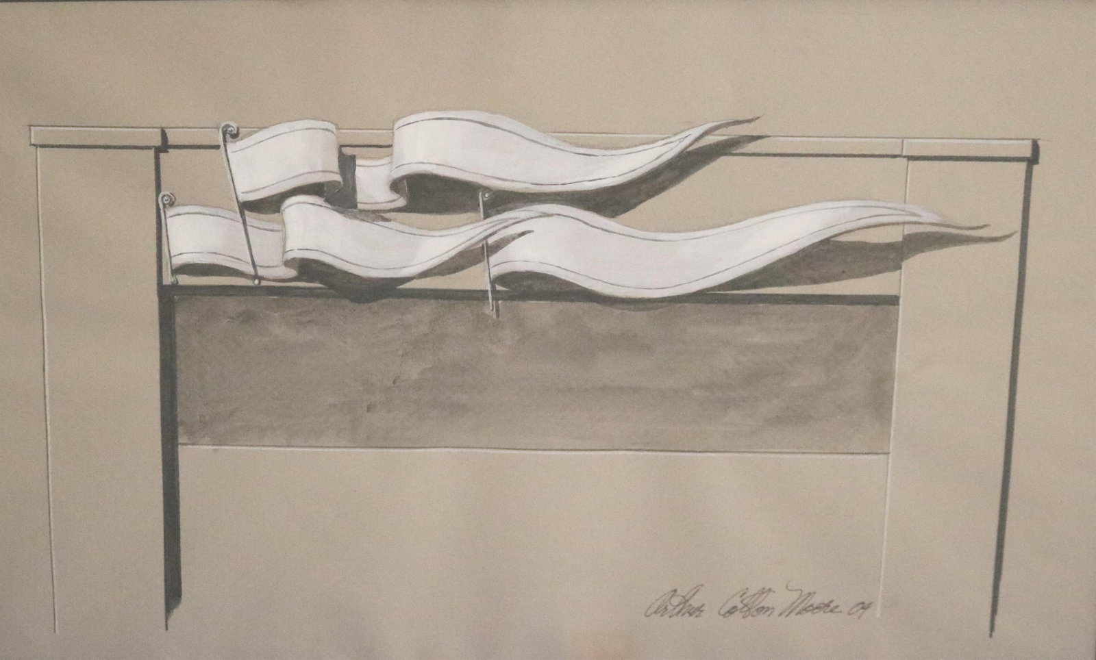 ARTHUR COTTON MOORE (AMERICAN, 1935-2022). Flags in the Wind; Architectural Study in Motion, 2004,: ARTHUR COTTON MOORE AMERICAN, 1935-2022 Flags in the Wind; Architectural Study in Motion, 2004 Mixed media on paper (watercolor, pen and pencil) Signed and dated lower right hand corner. Framed waterc