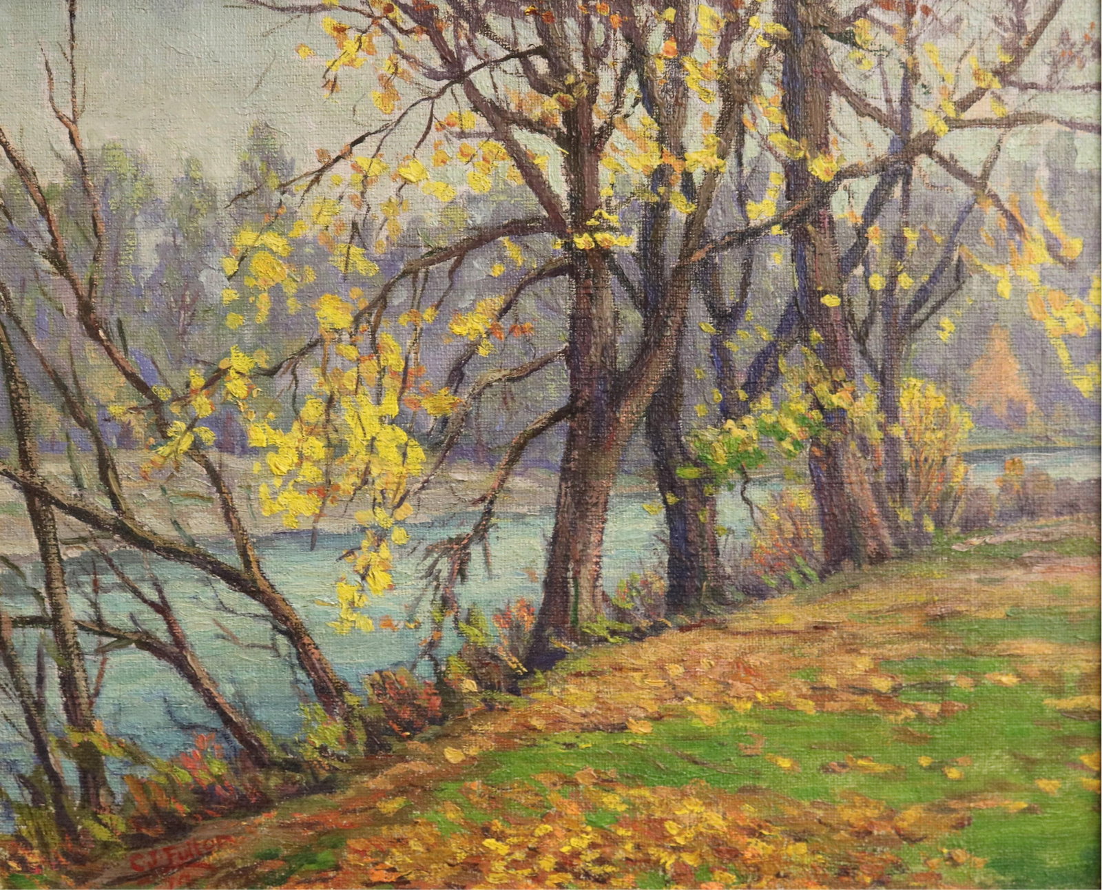 CYRUS J. FULTON (American, 1873?1949). Late Autumn, Oil on canvas, 17 x 21 inches (excluding frame): CYRUS J. FULTON American, 1873–1949 Late Autumn Oil on canvas Signed lower left. The composition is of an autumn riverside scene with golden-yellow leaves clinging to bare trees along a calm riv