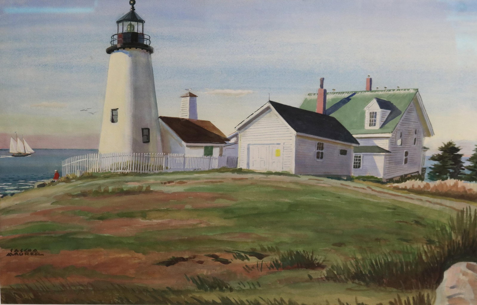 SASHA MAURER (German-American, 1897 - 1961). Sentinel of the Coast, Watercolor: SASHA MAURER German-American, 1897 - 1961 Sentinel of the Coast Watercolor Signed lower left by artist Sascha Maurer, this watercolor depicts a classic New England lighthouse compound perched on a gra