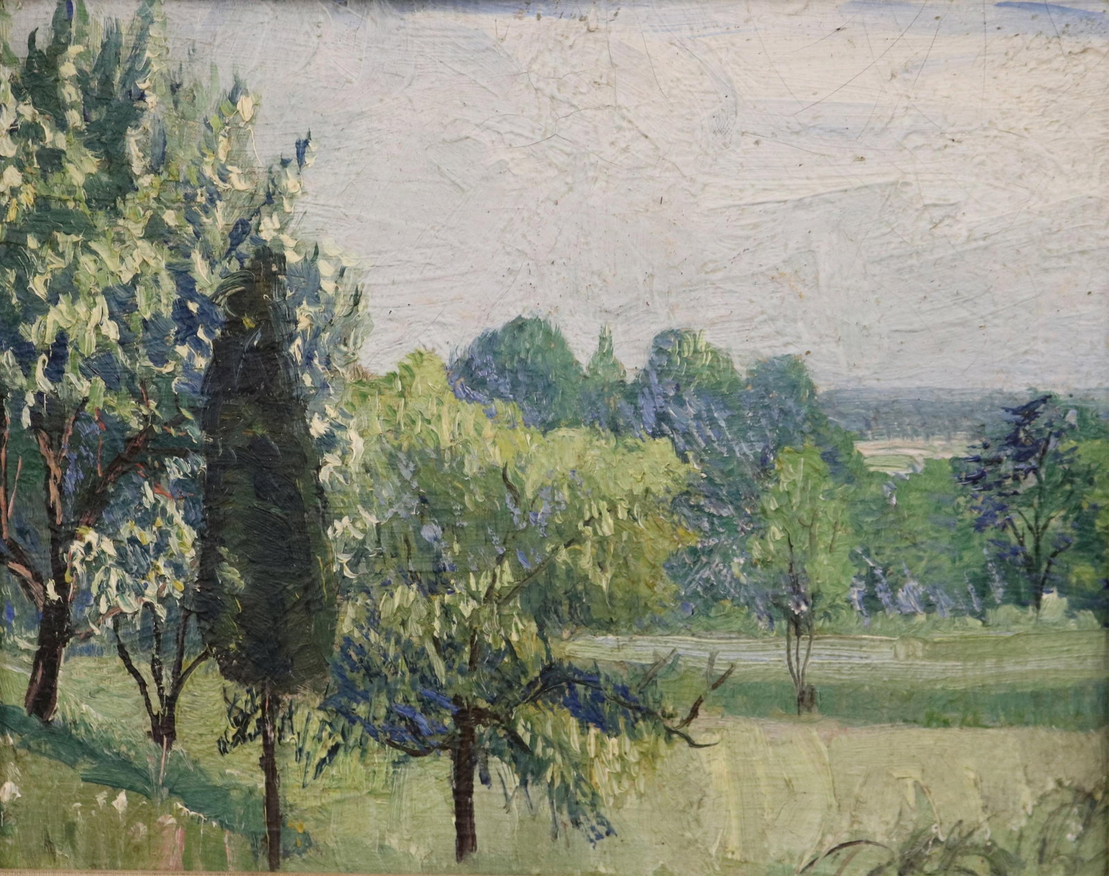 WALTER EMERSON BROWN (ATTRIBUTED) (American, 1884 - 1956). Summer Meadow Study Painter, Oil on: WALTER EMERSON BROWN (ATTRIBUTED) American, 1884 - 1956 Summer Meadow Study Painter Oil on canvas Impressionist-style landscape painting of a sun-drenched field bordered by a variety of leafy trees, i