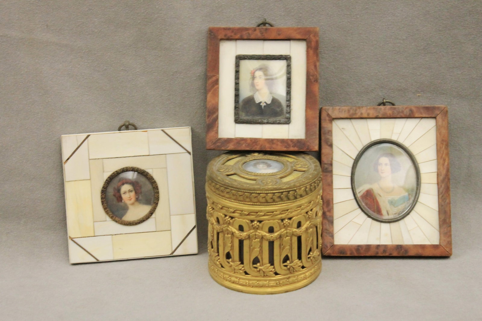 THREE FRAMED PORTRAIT MINIATURES OF LADIES, AND ONE FRENCH GILT-BRONZE CYLINDRICAL BOX WITH PORTRAIT (1 of 8)