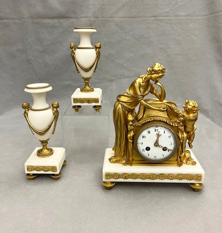THREE-PIECE FRENCH NEOCLASSICAL GILT-BRONZE AND WHITE MARBLE CLOCK GARNITURE, 19th century. - Clock, (1 of 13)