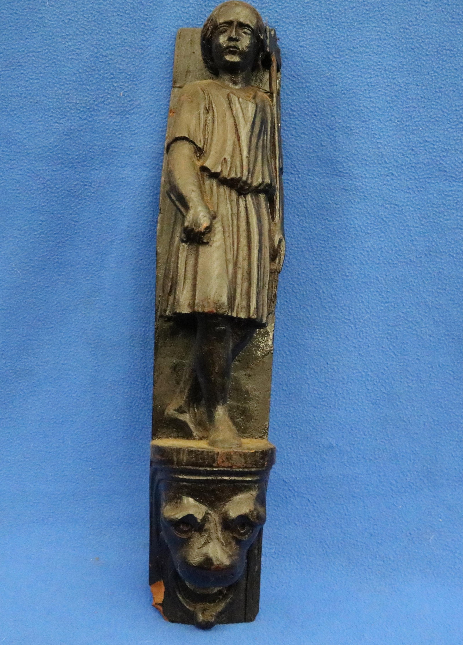 HAND-CARVED OAK RENAISSANCE REVIVAL ARCHITECTURAL ELEMENT OF HIGH-RELIEF FIGURE STANDING ATOP A (1 of 10)