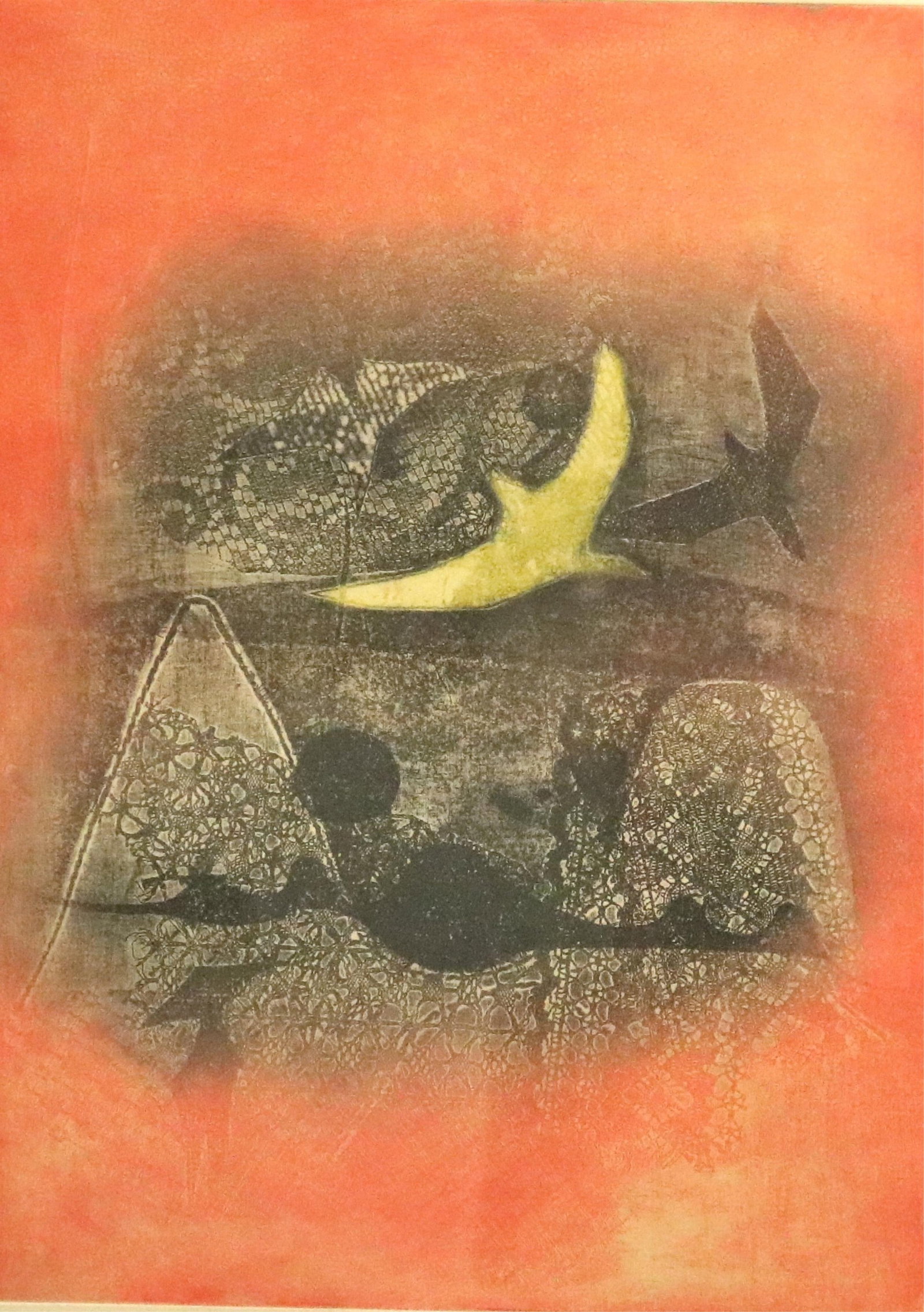 HOI LEBADANG, (Vietnamese/French 1922-2015). The Yellow Bird, aquatint, Plate: 21 in. x 15 1/2 in.;: HOI LEBADANG Vietnamese/French, 1922-2015 The Yellow Bird aquatint Limited edition aquatint numbered 69 of an edition of 20. Pencil numbered and signed at base. Framed. Not examined out of frame.
