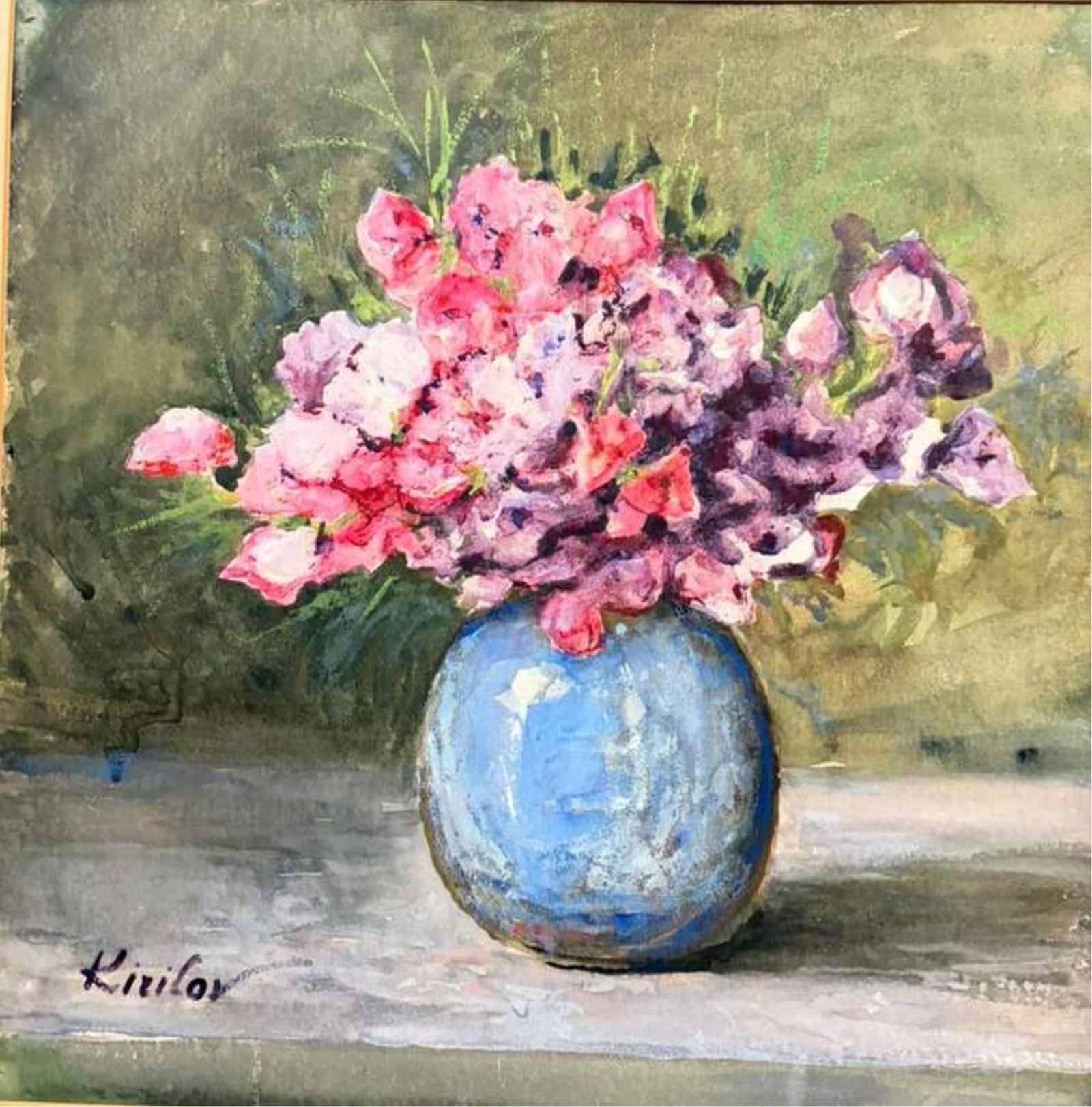KRISTO KIRILOV KIRTCHEV (Bulgarian / American, 1928-2008). Pink and Violet Blooms in a Blue Vase,: KRISTO KIRILOV KIRTCHEV Bulgarian / American, 1928-2008 Pink and Violet Blooms in a Blue Vase Watercolor and gouache on paper Impressionistic watercolor floral still life depicting pink and purple