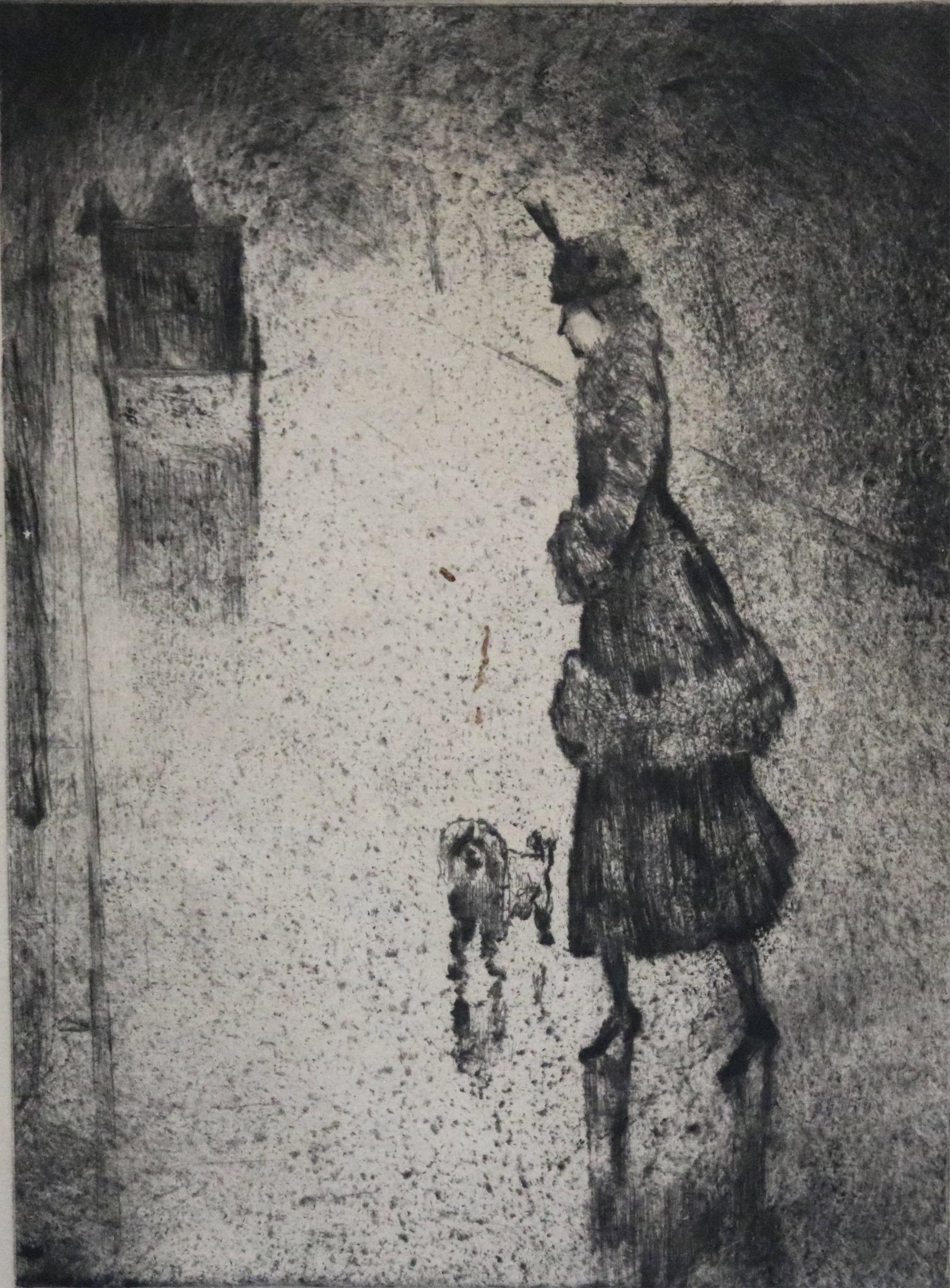 LESSER URY (German, 1861?1931). Dame mit Pudel auf Regennasser Stra?e (Lady with Poodle on a: LESSER URY German, 1861–1931 Dame mit Pudel auf Regennasser Straße (Lady with Poodle on a Rain-Soaked Street ), circa 1921 Etching on wove paper Limited edition etching numbered 72 of an