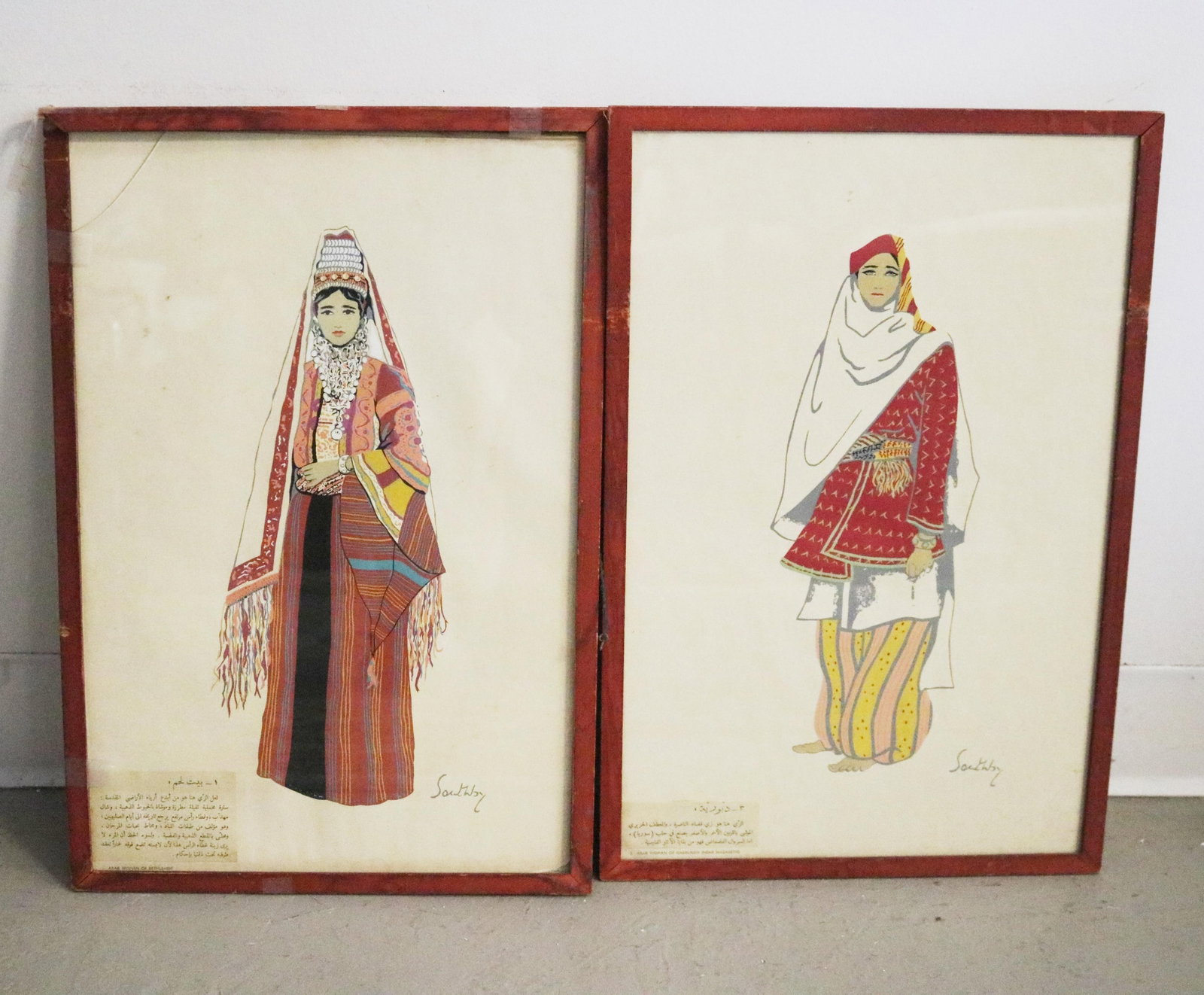 Pair of Mid-Century Ethnographic Costume Illustrations Depicting traditional regional costumes from: Pair of Mid-Century Ethnographic Costume Illustrations Depicting traditional regional costumes from the Middle East Pair of framed mid-century mixed-media illustrations on paper depicts women in