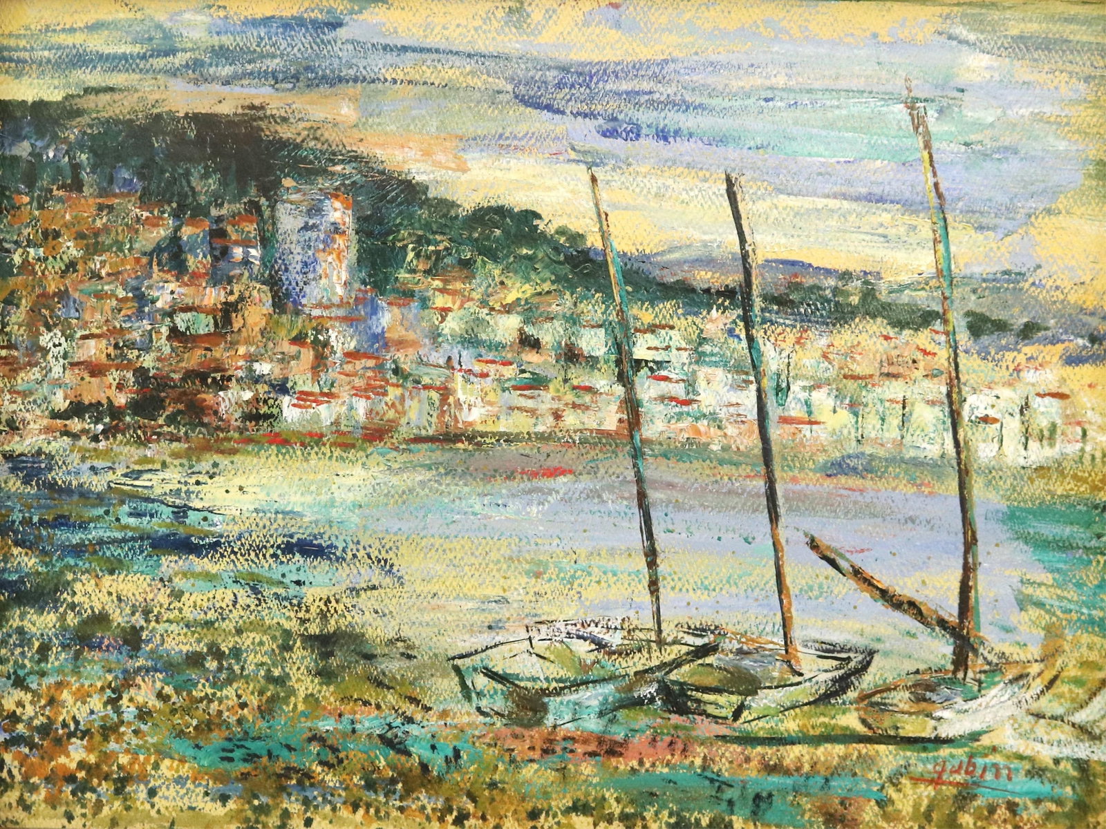 SELMA GUBIN (Russian-born American, 1903-1974). Sailboats at Low Tide, Oil on canvas: SELMA GUBIN Russian-born American, 1903-1974 Sailboats at Low Tide Oil on canvas Signed lower right. Two sailboats rest at low tide in the foreground, their masts rising against a luminous,