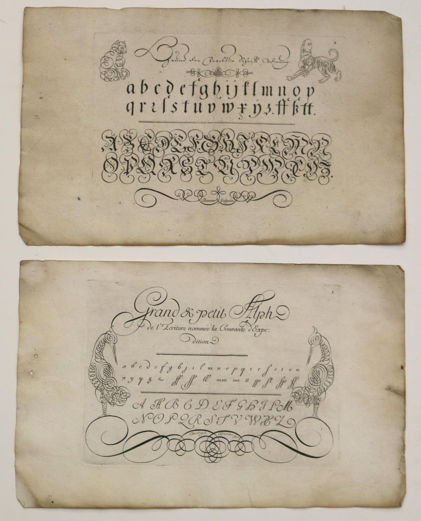 Two Engraved Calligraphy Specimen Sheets: German and French Alphabets; Brunner Christoph circa 1729 (1 of 15)