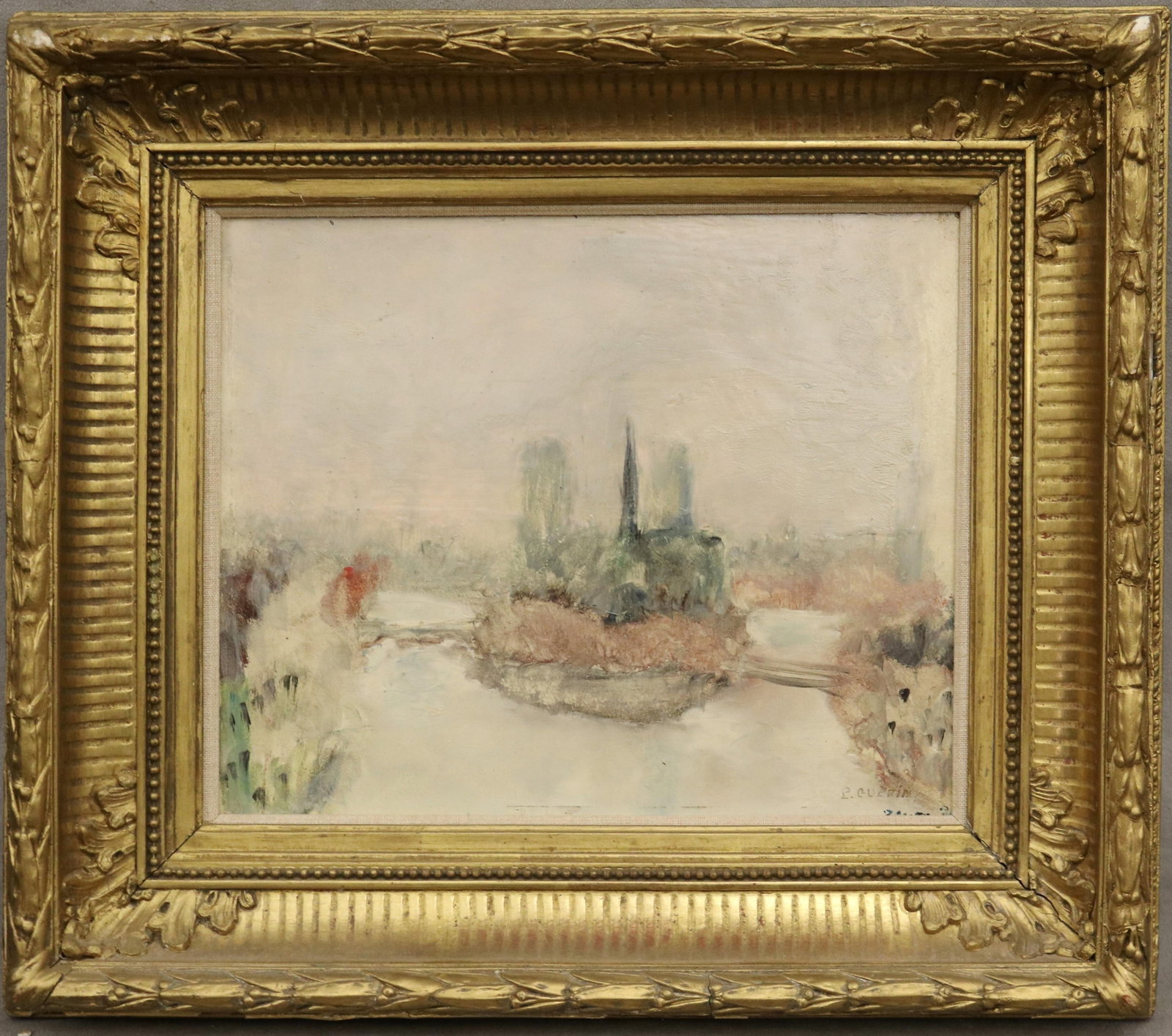 FRENCH SCHOOL (20th century). Notre-Dame in the Mist, Oil on board, 8.5 x 10.5 inches; frame: 14 x (1 of 16)