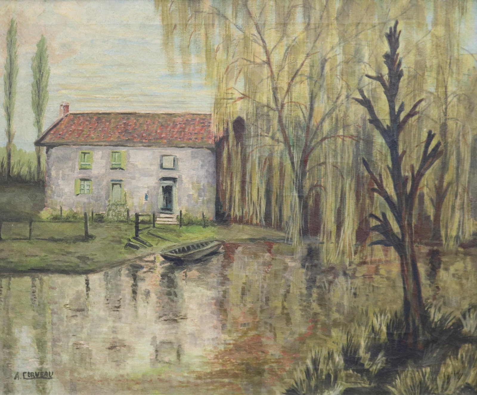 FRENCH SCHOOL (20th century). The Farmhouse by the River, Oil on canvas, 18 x 22 inches; frame: 25 x (1 of 14)