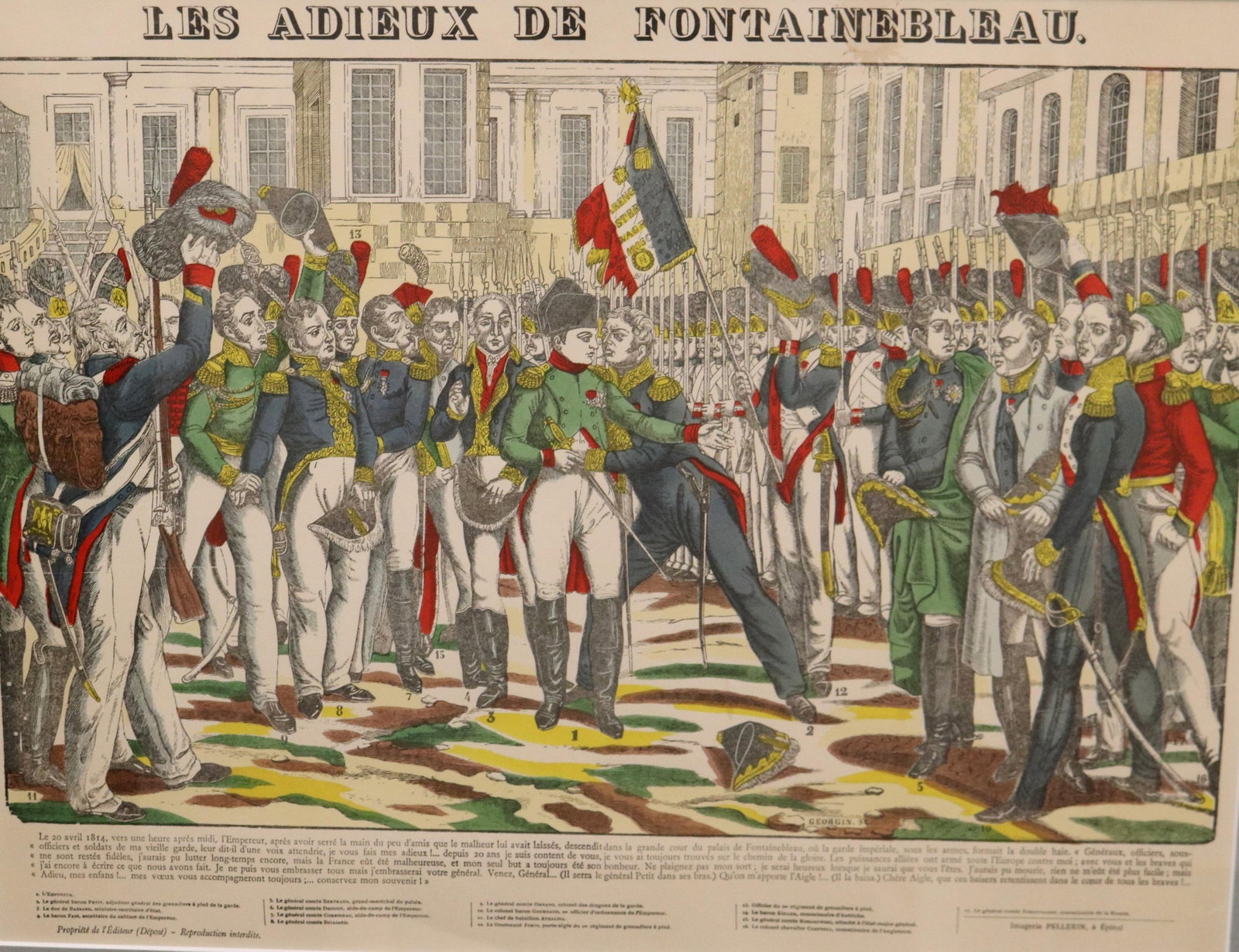 Les Adieux de Fontainebleau ? Napoleon's Farewell to the Imperial Guard, 1814 Circa 1814 - .: Les Adieux de Fontainebleau — Napoleon's Farewell to the Imperial Guard, 1814 Circa 1814 Colored print that depicts Napoleon Bonaparte in his iconic green uniform, bidding an emotional farewell 