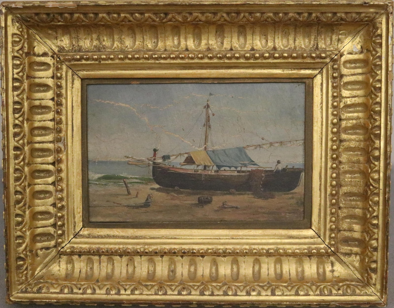 CONTINENTAL SCHOOL (19th / 20th century). Fishing Vessel at Low Tide, Oil on board, 4.5 x 6.5 inches: CONTINENTAL SCHOOL 19th / 20th century Fishing Vessel at Low Tide Oil on board Small-sized maritime oil painting depicts a weathered fishing boat resting on a sandy shoreline at low tide. Unsigned. Fr