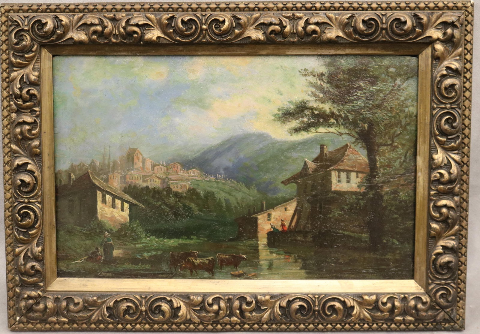 CONTINENTAL SCHOOL (19th century). Cattle Watering Below the Hillside Town, Oil on board (1 of 16)