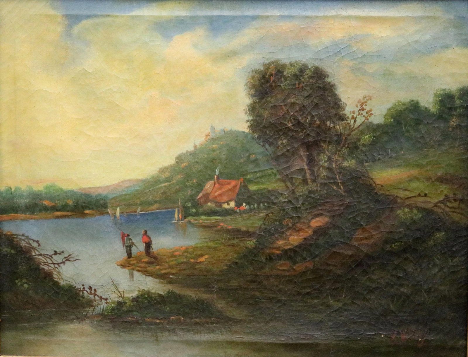 CONTINENTAL SCHOOL , (19th Century). Fishermen by the River Cottage, Oil on canvas, 18.5 x 23.5 (1 of 15)