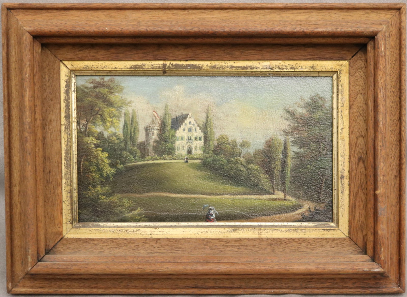 CONTINENTAL SCHOOL (19th century). Summer Afternoon at the Manor, Oil on canvas, 5.5 x 9 inches;: CONTINENTAL SCHOOL 19th century Summer Afternoon at the Manor Oil on canvas A elegantly dressed lady with a parasol strolls across a sweeping green lawn toward a white Gothic Revival manor house. The 