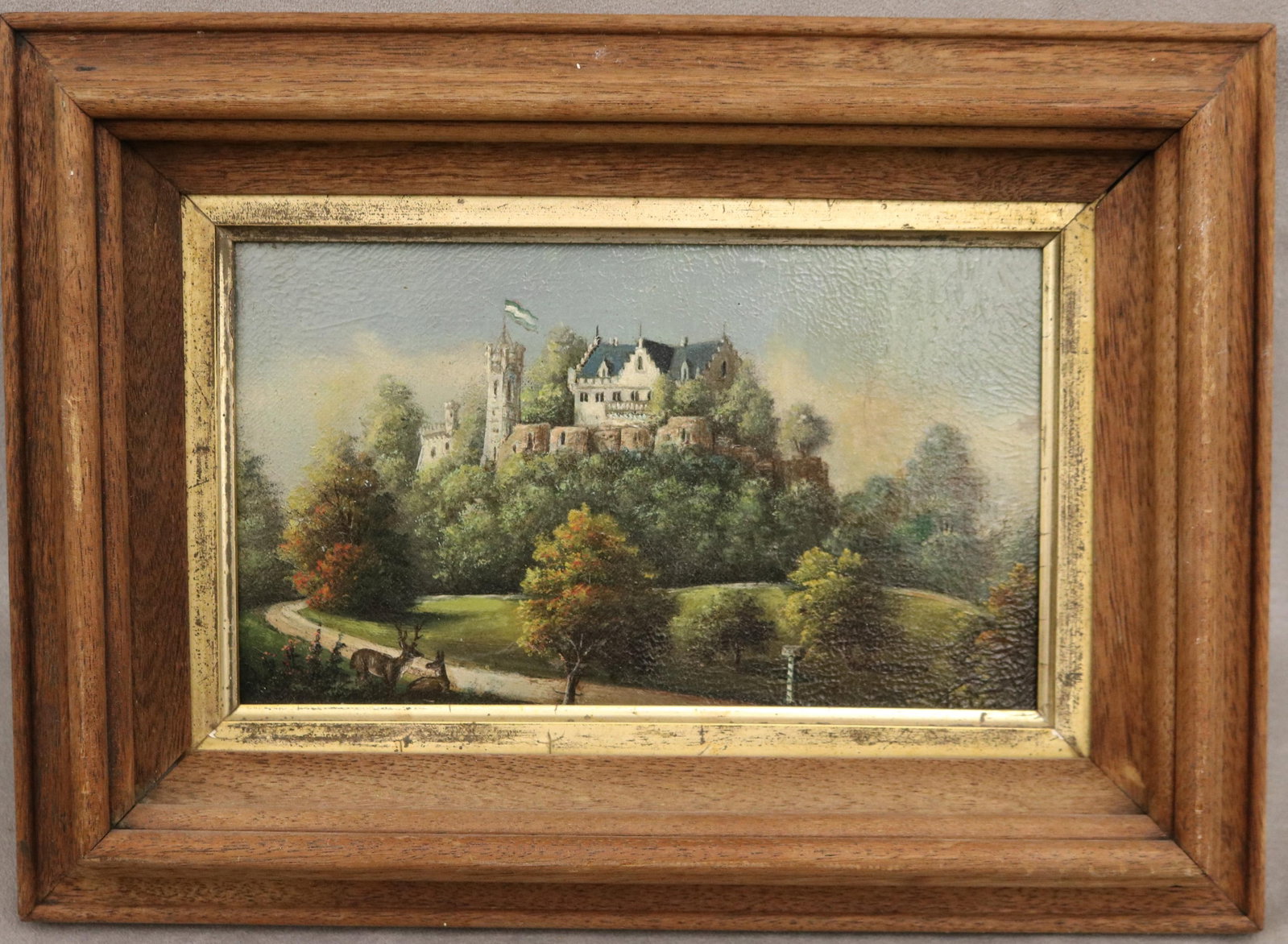 CONTINENTAL SCHOOL (19th century). View of Schloss Callenberg in early June, Oil on canvas, 5.5 x 9: CONTINENTAL SCHOOL 19th century View of Schloss Callenberg in early June Oil on canvas Landscape features the neo-Gothic silhouette of Schloss Callenberg perched atop a lush, wooded hill, its white ma