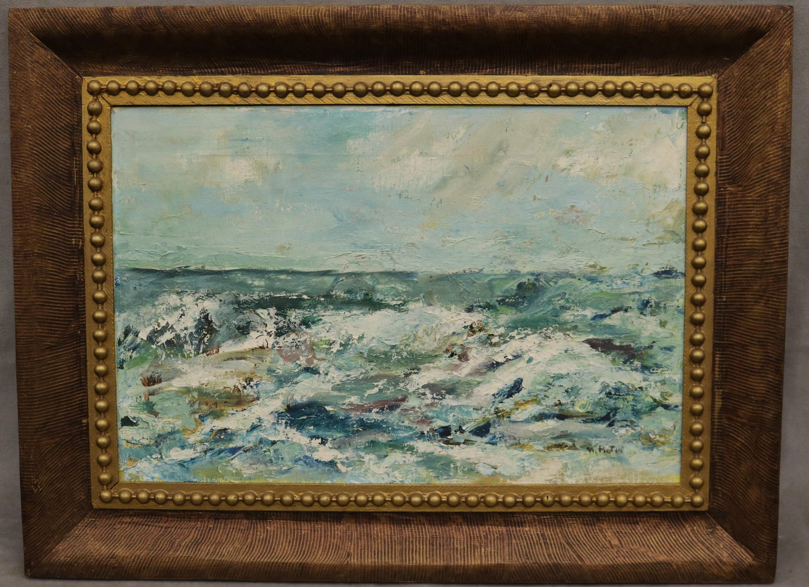 CONTINENTAL SCHOOL (20th century). Breaking Surf on an Open Sea, Oil on canvas: CONTINENTAL SCHOOL 20th century Breaking Surf on an Open Sea Oil on canvas Impressionist oil seascape that captures churning ocean waves, rendered in bold impasto strokes of deep teal, white, and aqua