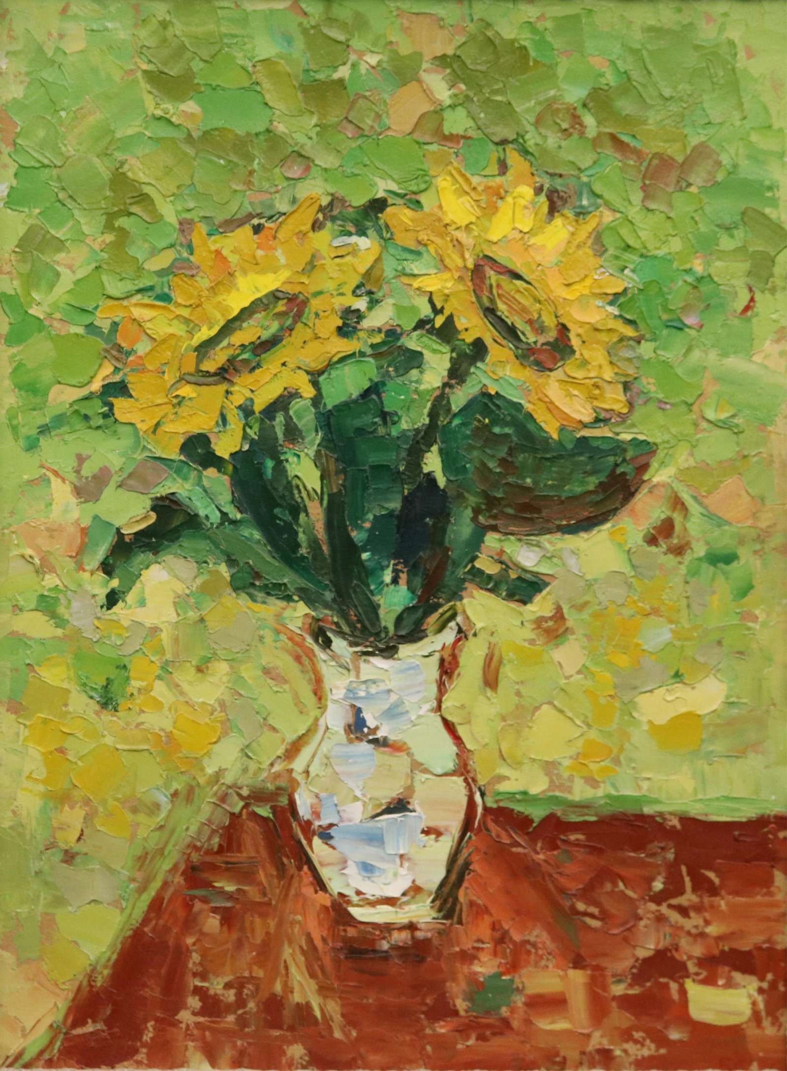 CONTINENTAL SCHOOL (20th century). Sunflowers in a White Vase, Oil on board, 22 x 17 inches; frame:: CONTINENTAL SCHOOL 20th century Sunflowers in a White Vase Oil on board Unsigned. A bouquet of yellow sunflowers bursts from a white ceramic vase set on a rich reddish-brown table, painted with thick,