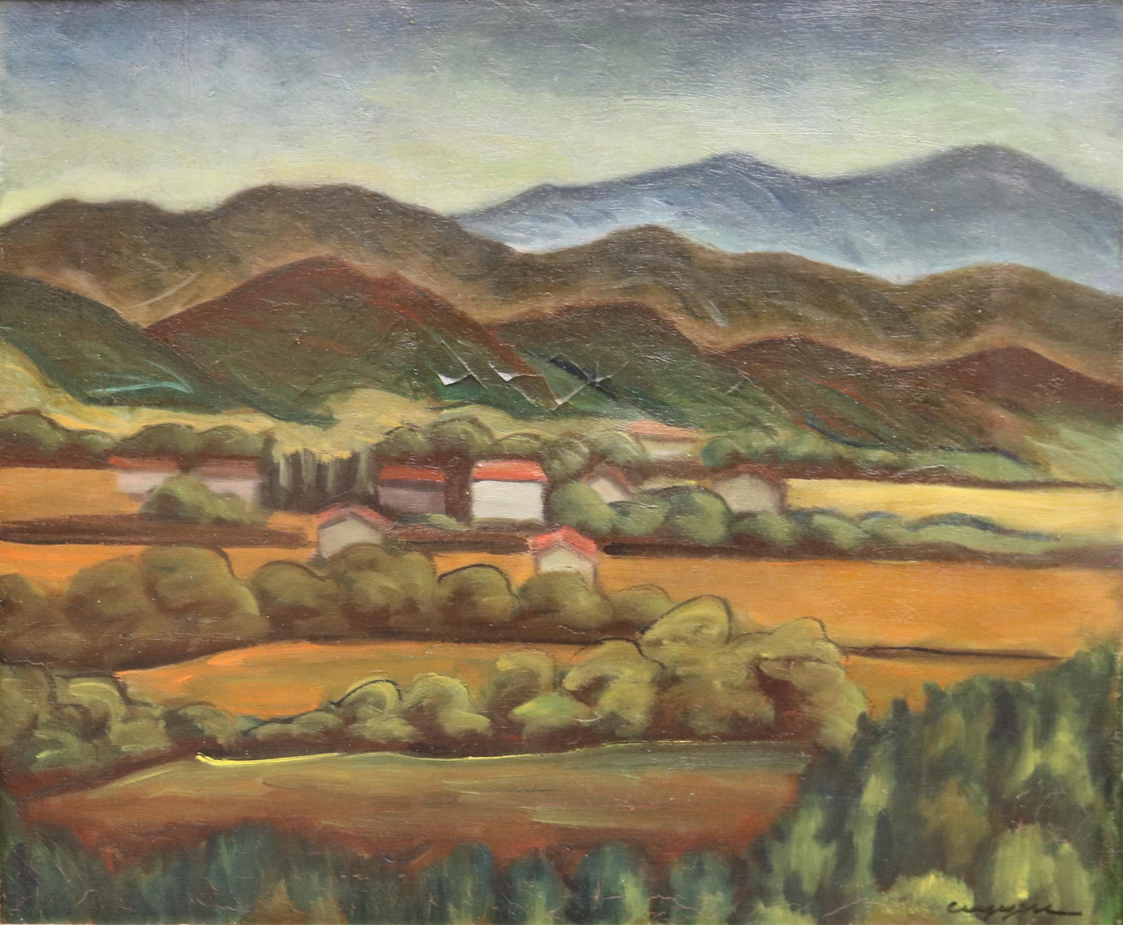 CONTINENTAL SCHOOL (20th century). Village in the Valley, Oil on canvas, 18 x 22 inches; frame: 28 x: CONTINENTAL SCHOOL 20th century Village in the Valley Oil on canvas Indecipherable signature lower right. A cluster of red-roofed white buildings nestles among rounded trees in a wide golden valley, w