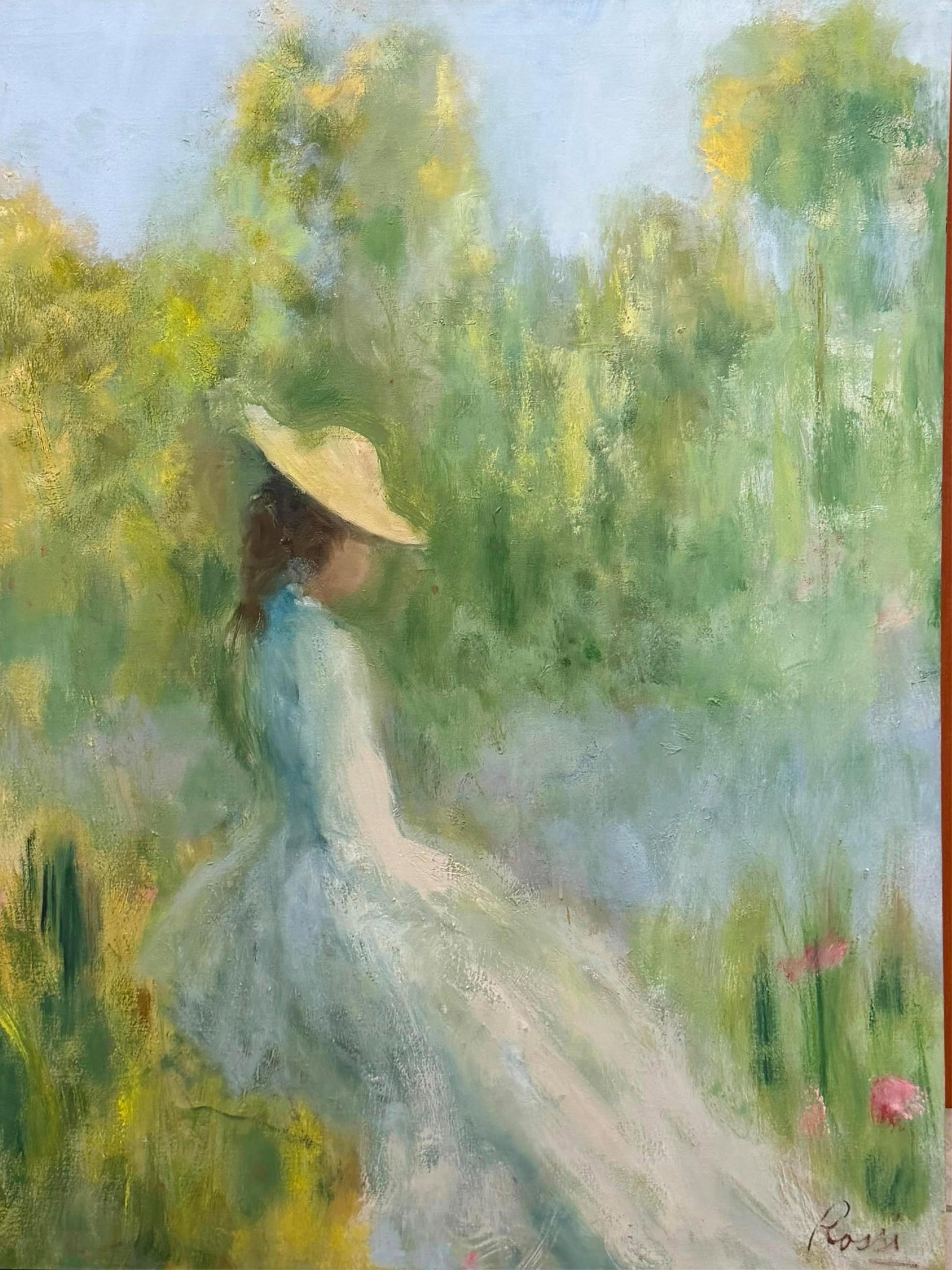 CONTINENTAL SCHOOL (21st century). Girl in the Garden, Oil on canvas: CONTINENTAL SCHOOL 21st century Girl in the Garden Oil on canvas Impressionist oil painting depicting a young woman in a flowing white dress and wide-brimmed sun hat sitting serenely in a sun-dappled 
