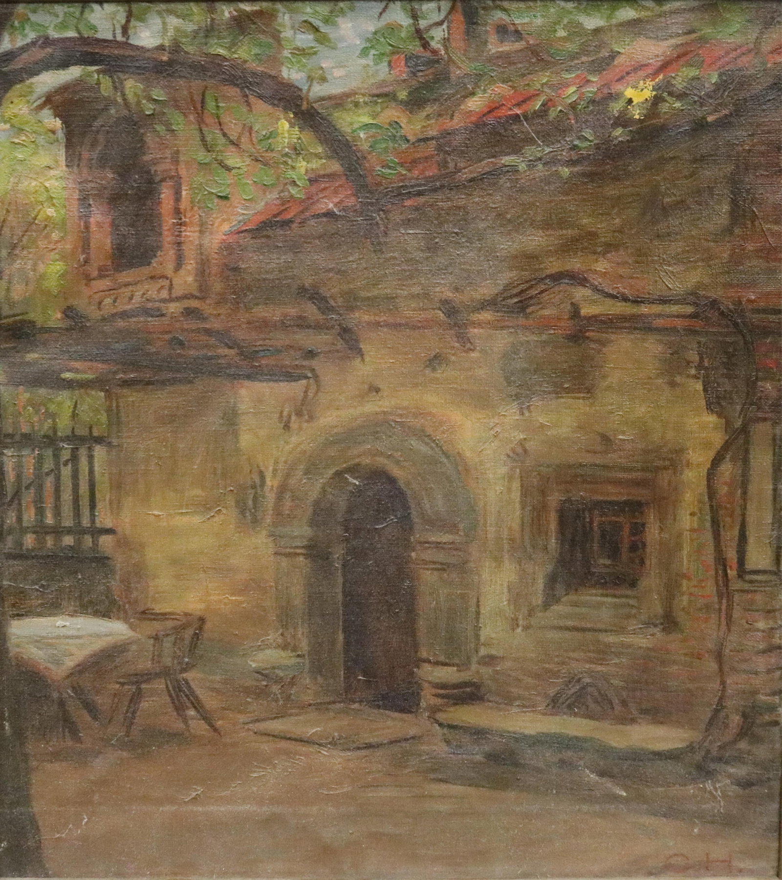 CONTINENTAL SCHOOL , (Early 20th century). Courtyard of the Old Quarter, Oil on canvas: CONTINENTAL SCHOOL Early 20th century Courtyard of the Old Quarter Oil on canvas Painting that depicts a sunlit courtyard nestled within an European or Mediterranean village. At the heart of the compo