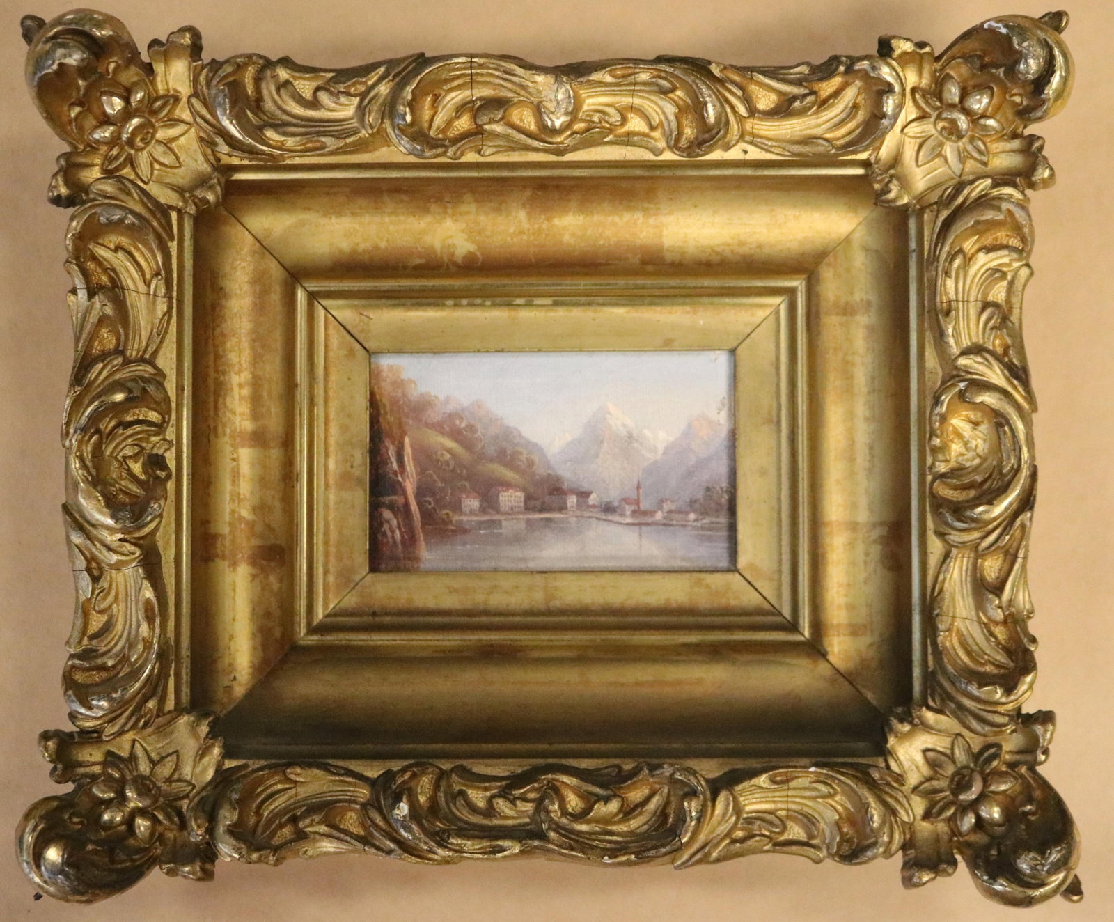 CONTINENTAL SCHOOL (late 19th century). Alpine Lake Village at Dusk, Oil on canvas, 3 x 4.5 inches; (1 of 13)