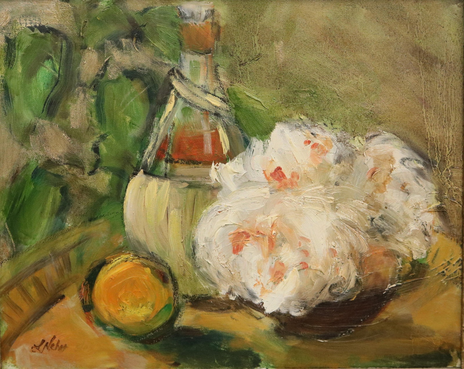 CONTINENTAL SCHOOL (20th century). Still life with Peonies and a Lemon, Oil on canvas: CONTINENTAL SCHOOL 20th century Still life with Peonies and a Lemon Oil on canvas Impressionist painting of an arrangement of white peonies with blush-pink accents beside a glass bottle and a yellow l
