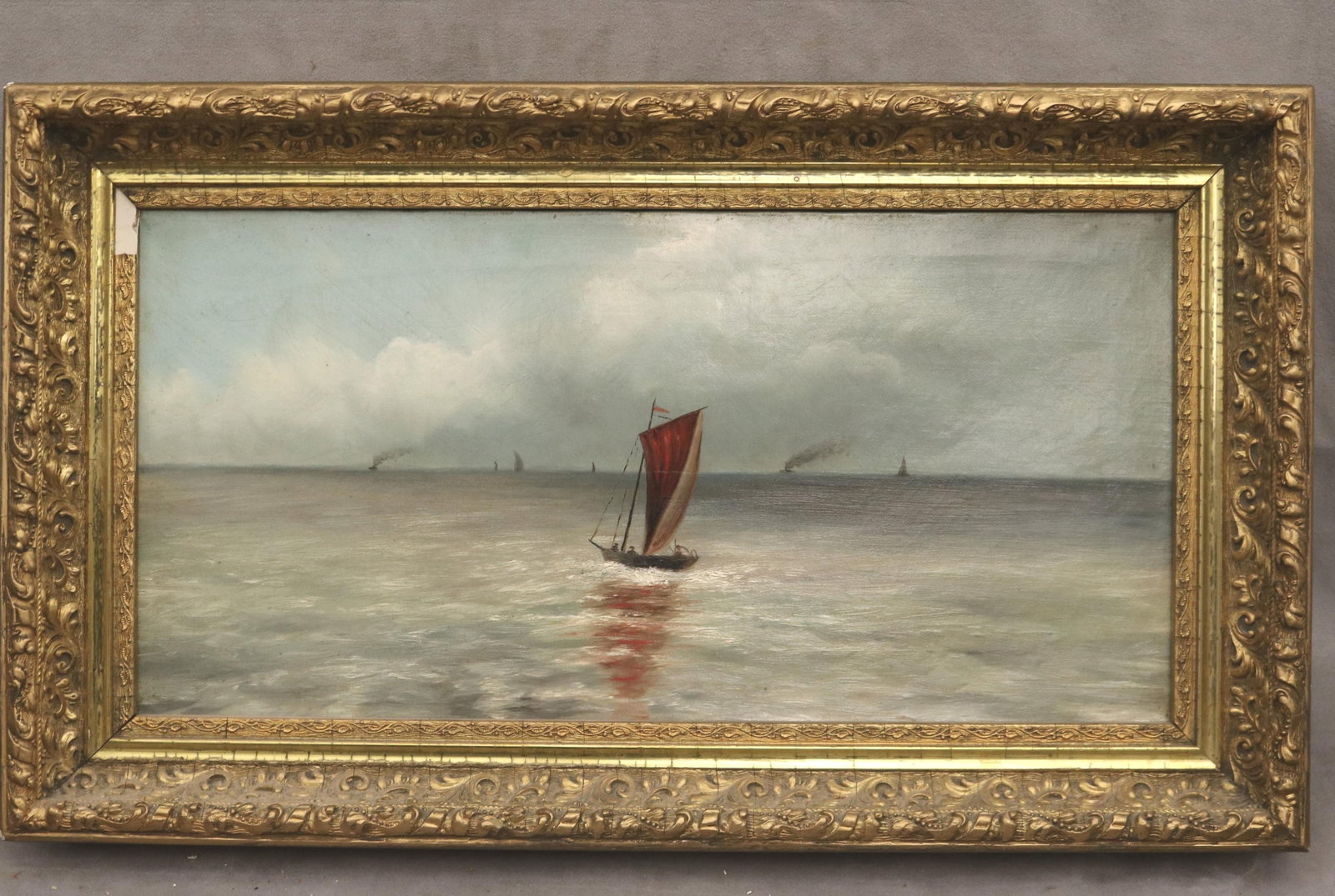 AMERICAN SCHOOL (19th century). Red Sail on a Grey Sea, Oil on canvas, 10 x 20 inches; frame: 14 x (1 of 18)