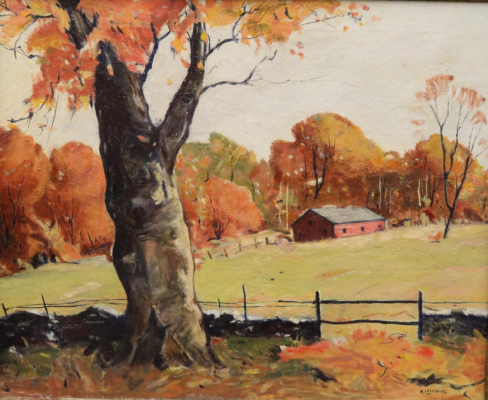 AMERICAN SCHOOL (20th century). Autumn Farm with Old Oak, Oil on canvas, 22 x 28 inches; frame: 25 x (1 of 10)