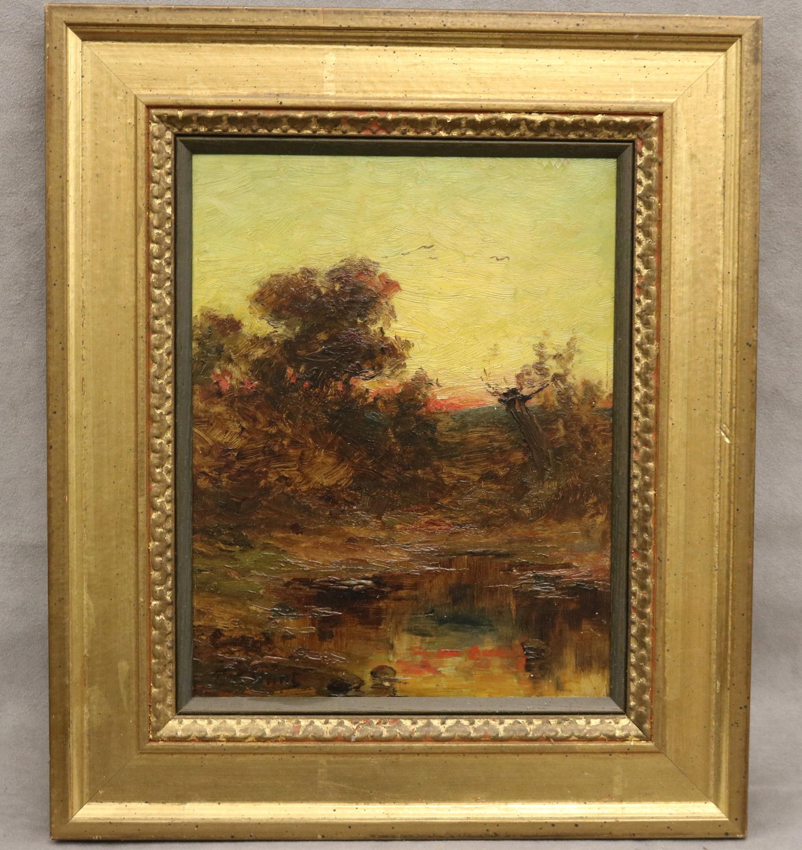 AMERICAN SCHOOL (20th century). Autumn Pond at Dusk, Oil on board. (1 of 17)