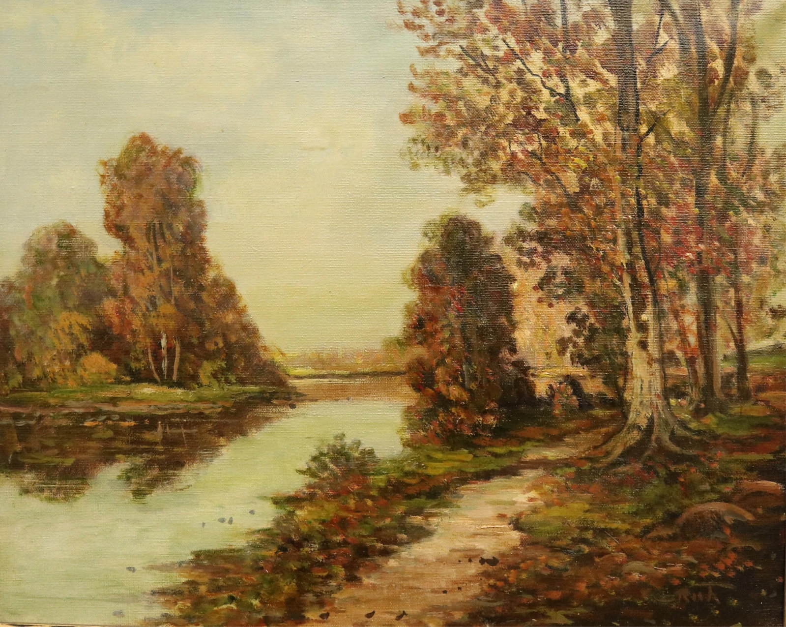 AMERICAN SCHOOL (20th century). Autumn River Path, Oil on canvas (1 of 11)