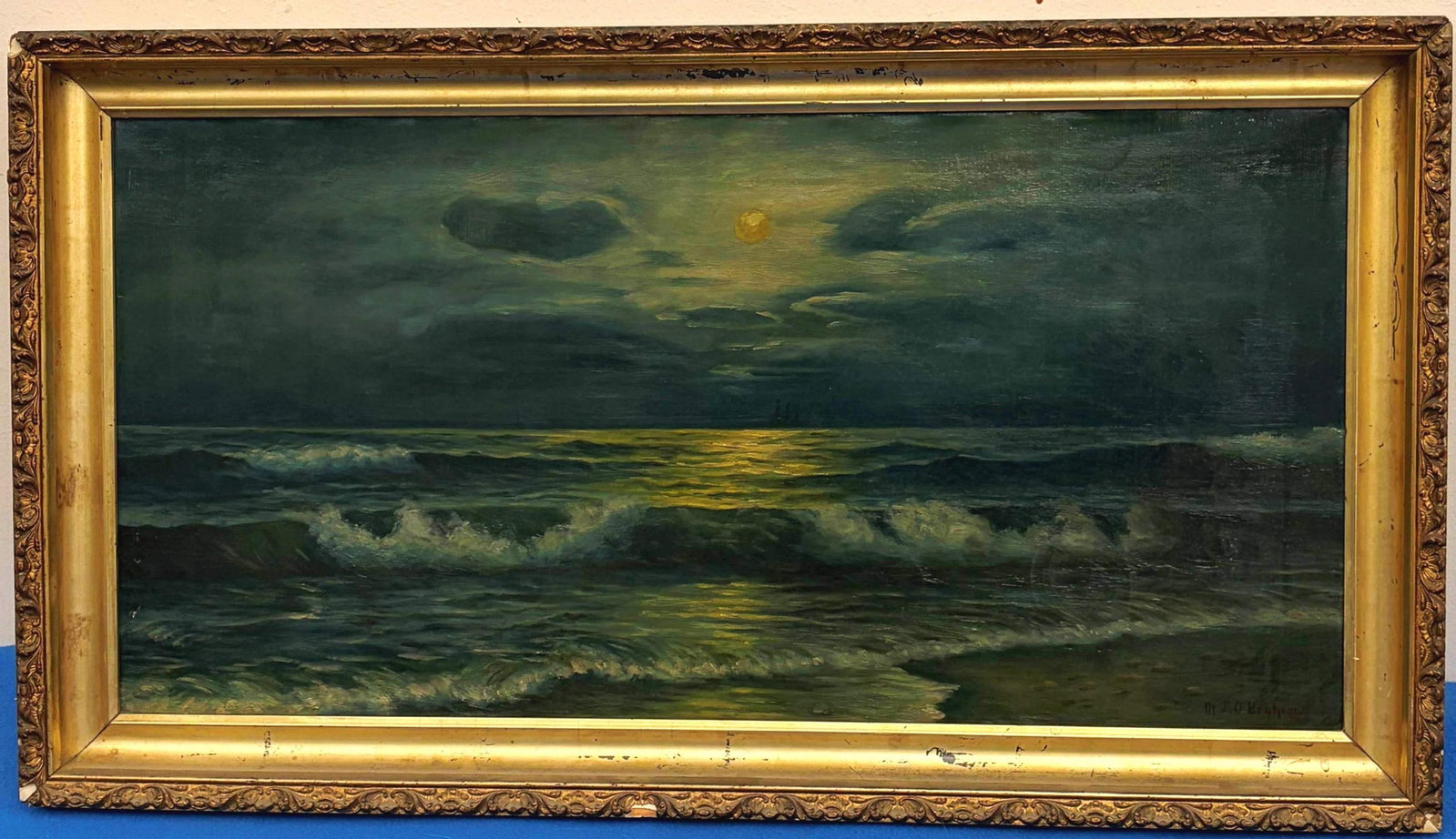 AMERICAN SCHOOL (20th century). Moonrise Over the Sea, Oil on canvas, 12 x 23.5 inches; frame: 15 x (1 of 10)