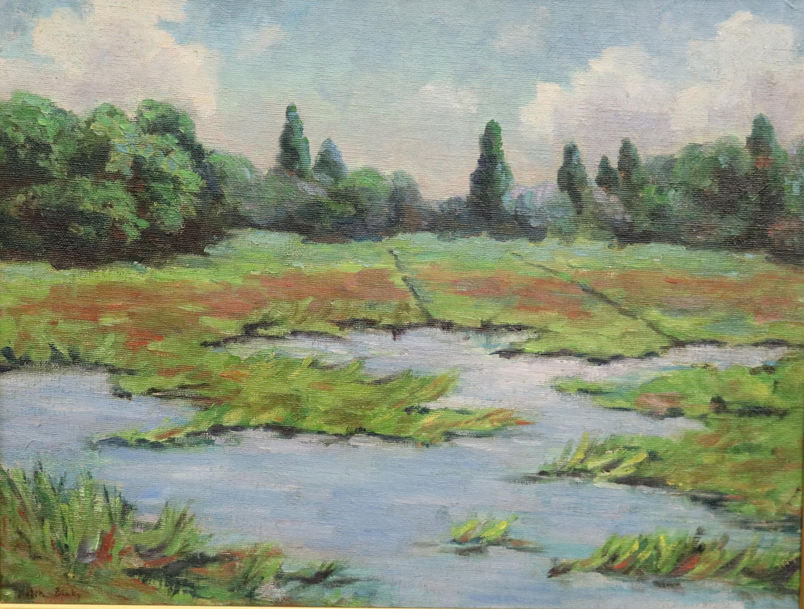 AMERICAN SCHOOL (20th century). Peaceful Wetland, Oil on canvas.: AMERICAN SCHOOL 20th century Peaceful Wetland Oil on canvas. This small, charming oil painting depicts a peaceful wetland or marsh scene, with shallow, sky-reflecting pools of water winding through pa