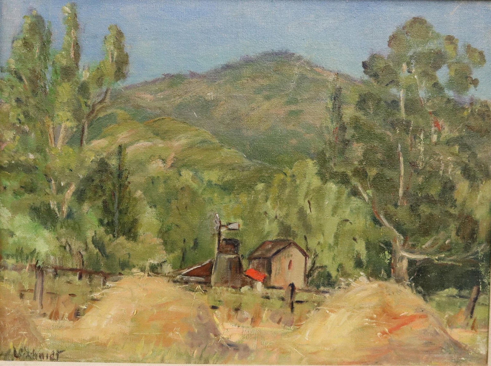 AMERICAN SCHOOL (20th century). Ranch Windmill in the Foothills", oil on canvas-board (1 of 12)