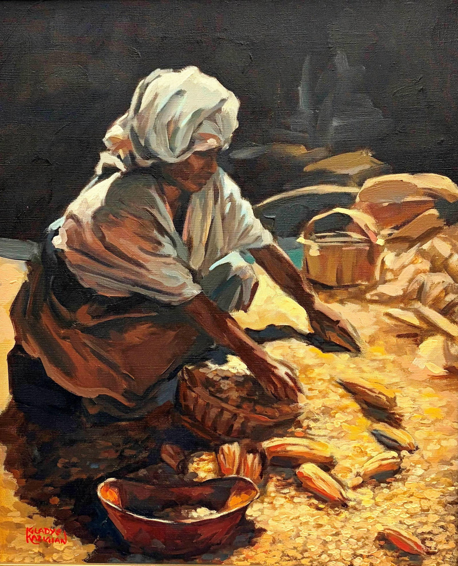 GLADYS KAZIGIAN (American, 1923-2020). Golden Harvest, Oil on canvas., 22 X 18 inches; frame: 26 x: GLADYS KAZIGIAN American, 1923-2020 Golden Harvest Oil on canvas. Textured oil painting of a woman crouched low to the ground while shucking or sorting corn. She wears a white head wrap and a woven ba