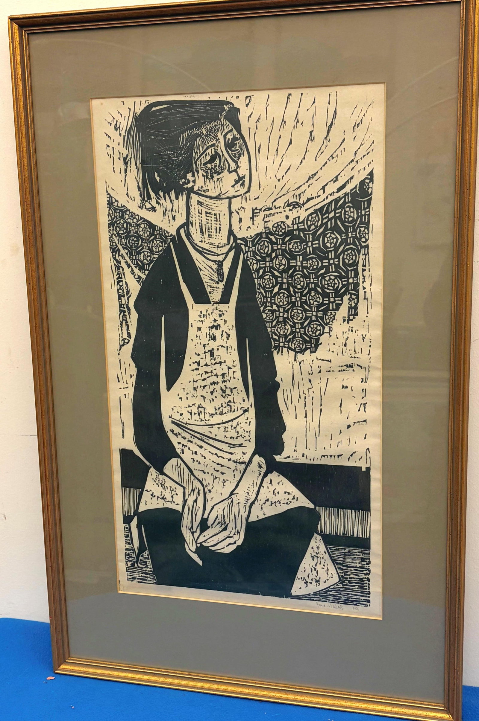 JANE FOGG (American, 1932-2026). Woman in Apron, 1956, Woodcut or linocut on paper, Sight (as: JANE FOGG American, 1932-2026 Woman in Apron, 1956 Woodcut or linocut on paper This striking work appears to be a woodblock print or linocut rendered in black ink on cream or off-white paper. It depic