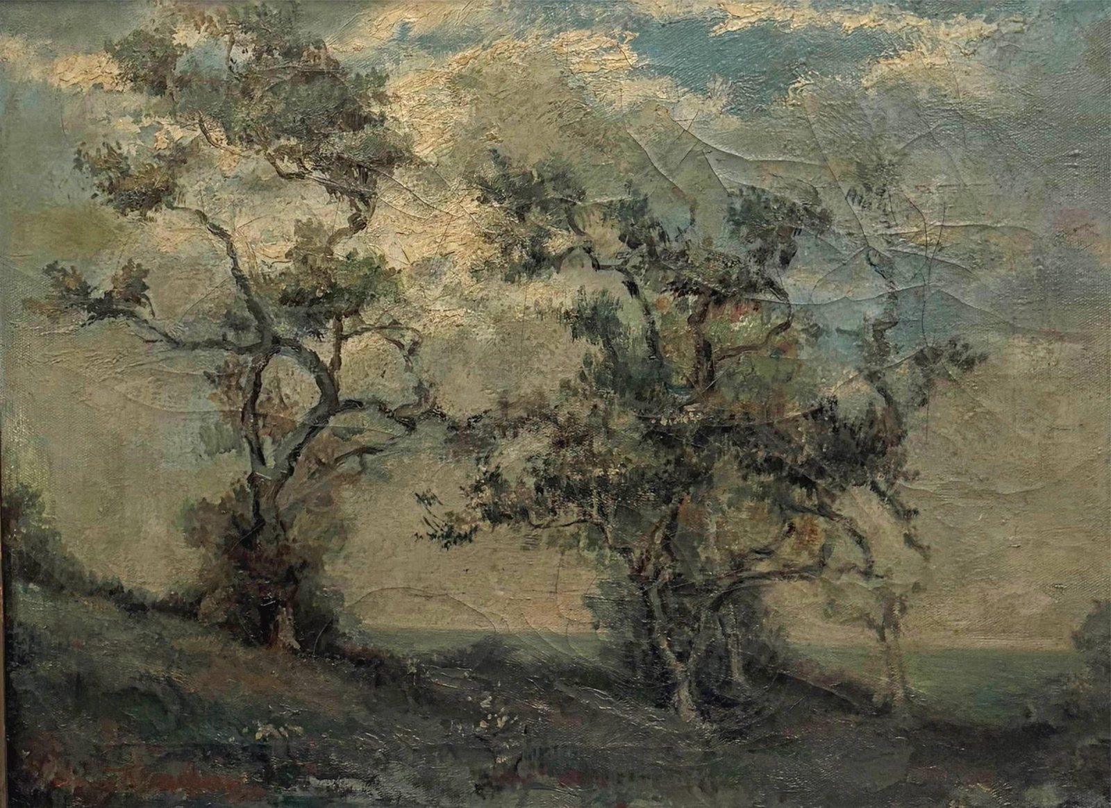 JUNE RUTLEDGE (20th century). Cluster of Gnarled, Windswept Trees, Oil on canvas, 18 x 24 inches;: JUNE RUTLEDGE 20th century Cluster of Gnarled, Windswept Trees Oil on canvas Painting portrays a cluster of gnarled, windswept trees set against a soft, cloudy sky rendered in muted tones of blue, gre