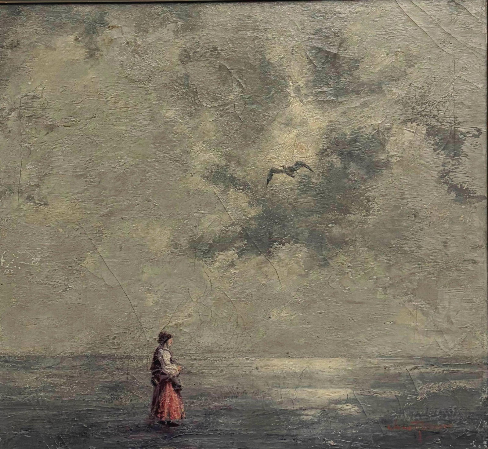 JUNE RUTLEDGE (20th century). Solitude at the Edge of the World, Oil on canvas, 22 x 24 inches;: JUNE RUTLEDGE 20th century Solitude at the Edge of the World Oil on canvas Painting featuring a solitary female figure standing alone in a vast landscape. She is dressed in a red skirt and dark jacket