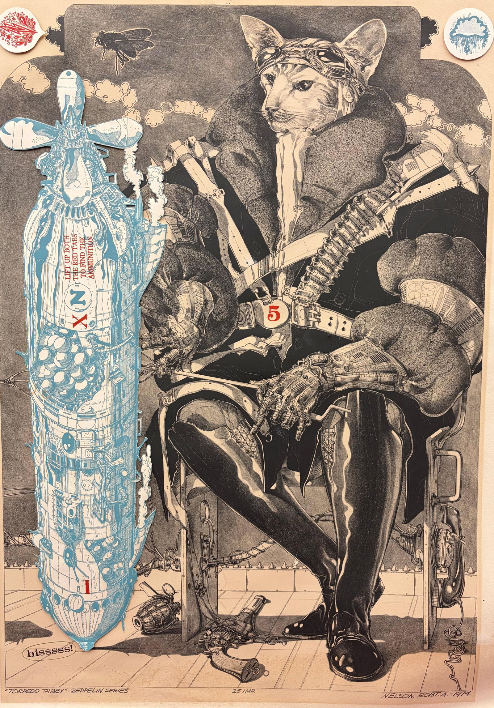 ROBERT NELSON (American, 1925-2001). Torpedo Tabby, Zeppelin Series, 1974, lithograph and collage,: ROBERT NELSON American, 1925-2001 Torpedo Tabby, Zeppelin Series, 1974, lithograph and collage Signed in pencil, lower right, titled, numbered 25 imp. Unframed. Image: 36.5 x 25.5 in. ARTIST
