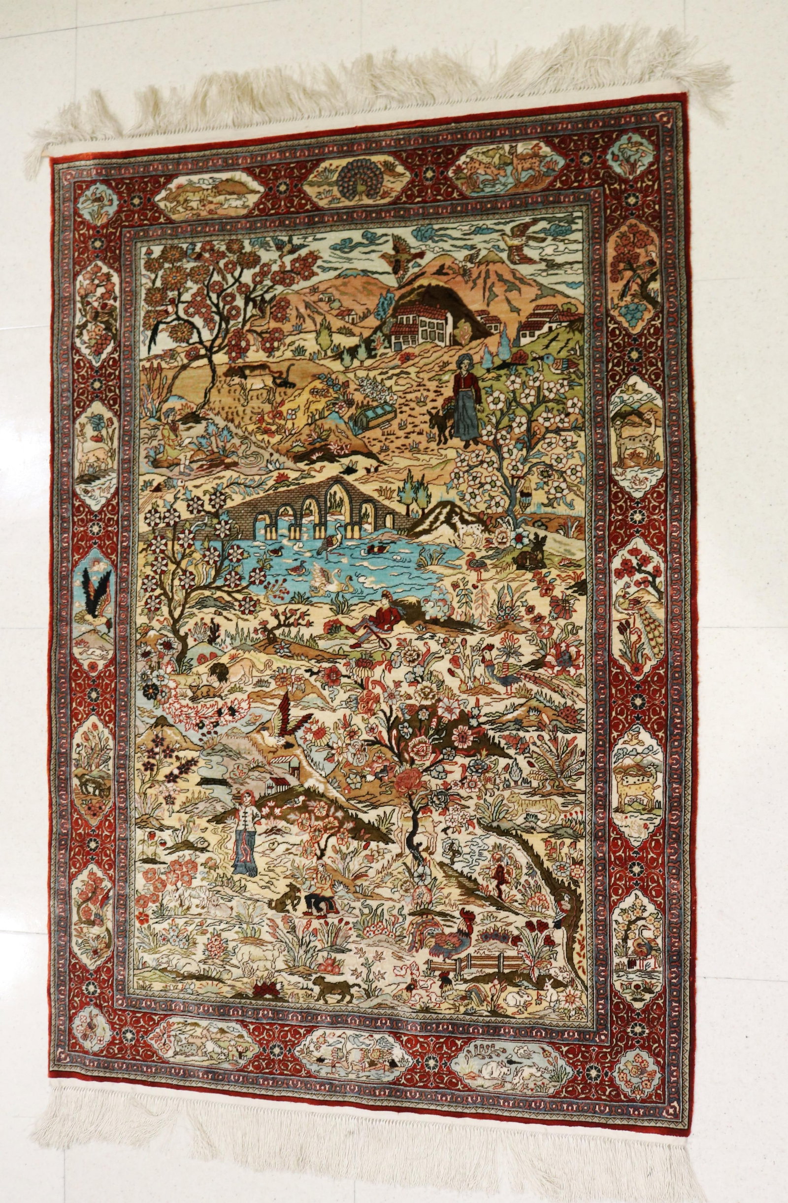 FINELY WOVEN SILK HEREKE PICTORIAL RUG, - App. 2 ft. x 3 ft.. (1 of 16)